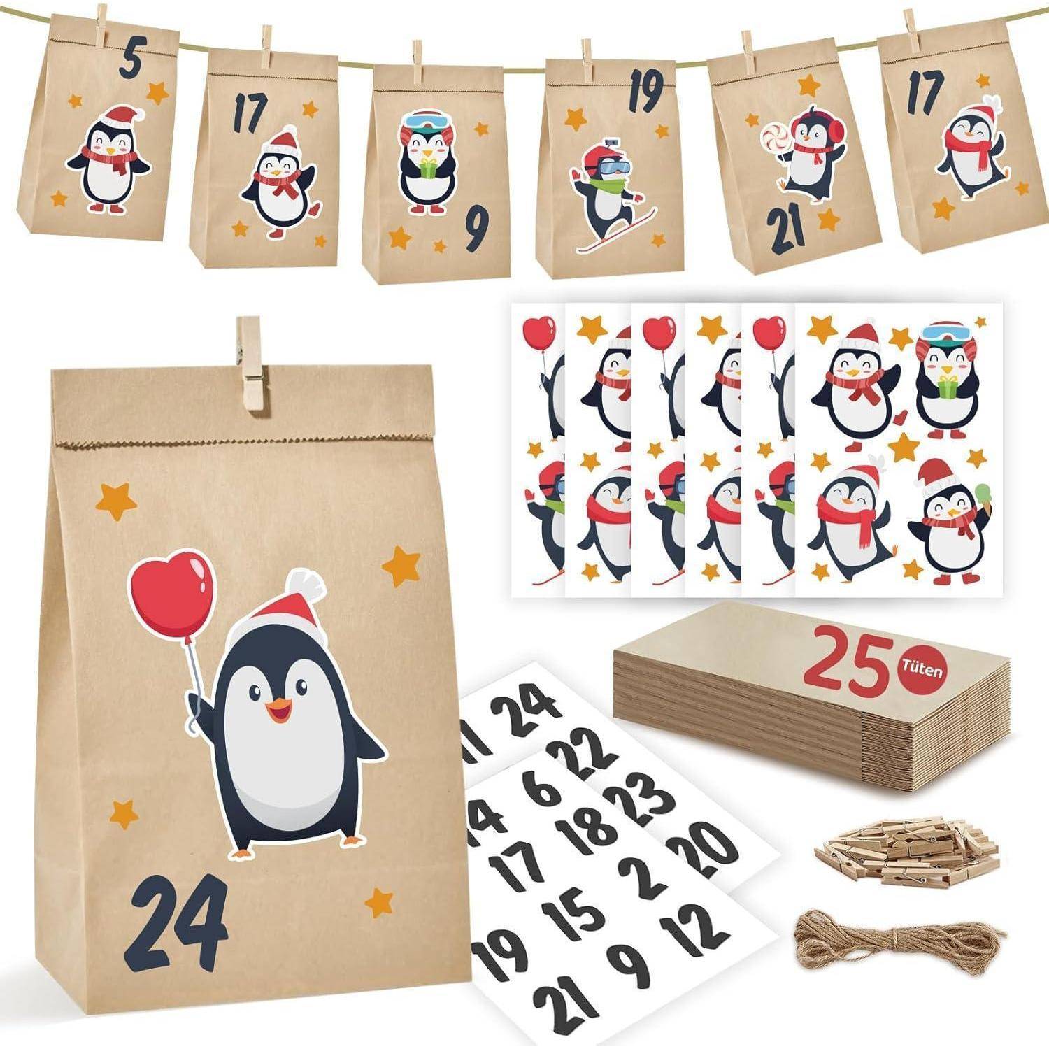 Adventskalender-Set mit 25 Pinguin-Motiv-Tüten, nummerierten Aufklebern von 1 bis 25, Wäscheklammern und Schnur zum Aufhängen.