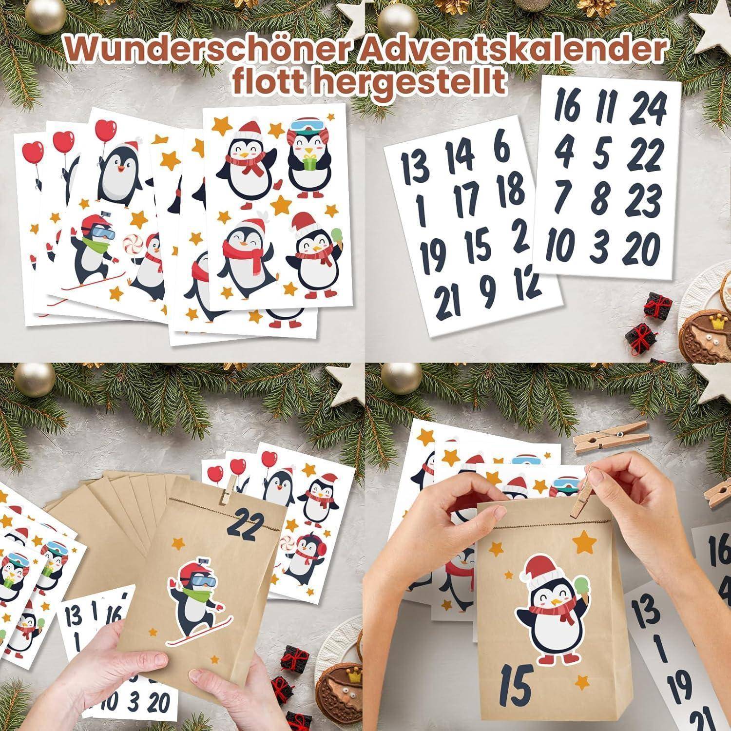 Detaillierte Anleitungen zum Basteln eines Adventskalenders mit Pinguindesigns und nummerierten Stickern. Hände zeigen das Zusammenstellen festlicher Umschläge.