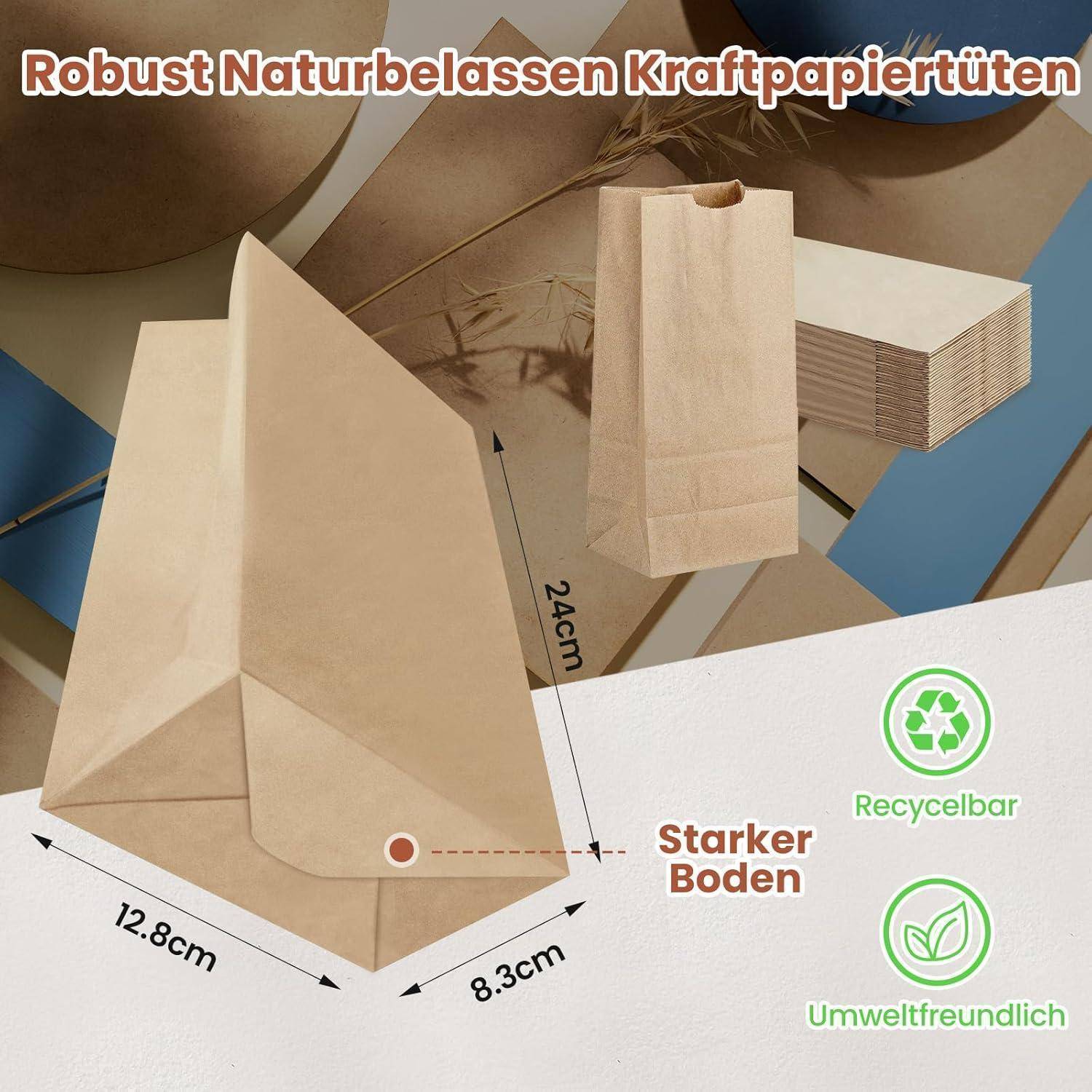 Verpackungsbild zeigt Kraftpapiertüten mit Maßen: 12,8 cm Breite, 8,3 cm Tiefe und 24 cm Höhe. Merkmale: 'Starker Boden', recycelbar, umweltfreundlich.