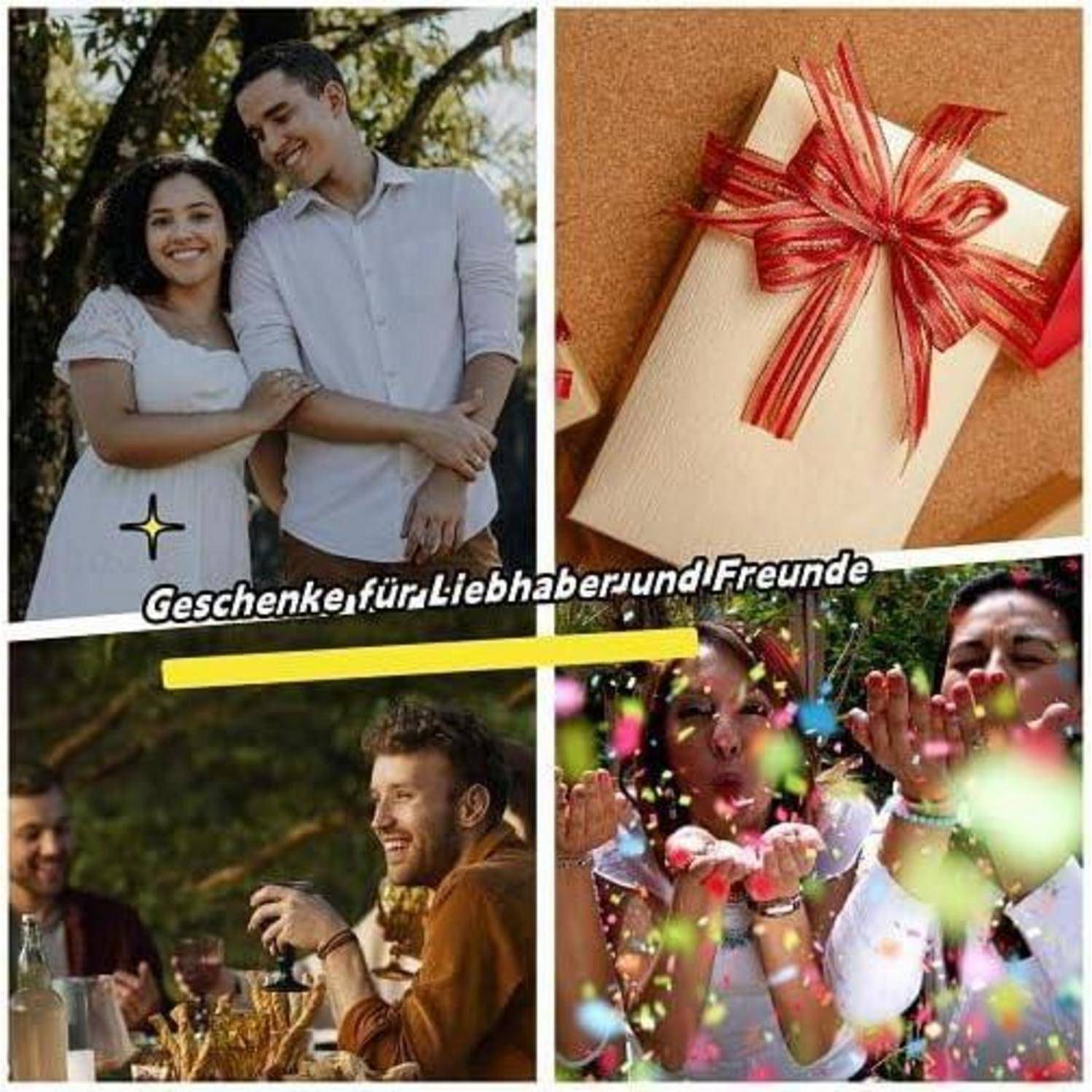 „Ein Collagen-Bild, das fröhliche Pärchen, ein eingewickeltes Geschenk mit roter Schleife, lachende Freunde im Freien und Menschen zeigt, die Konfetti blasen.