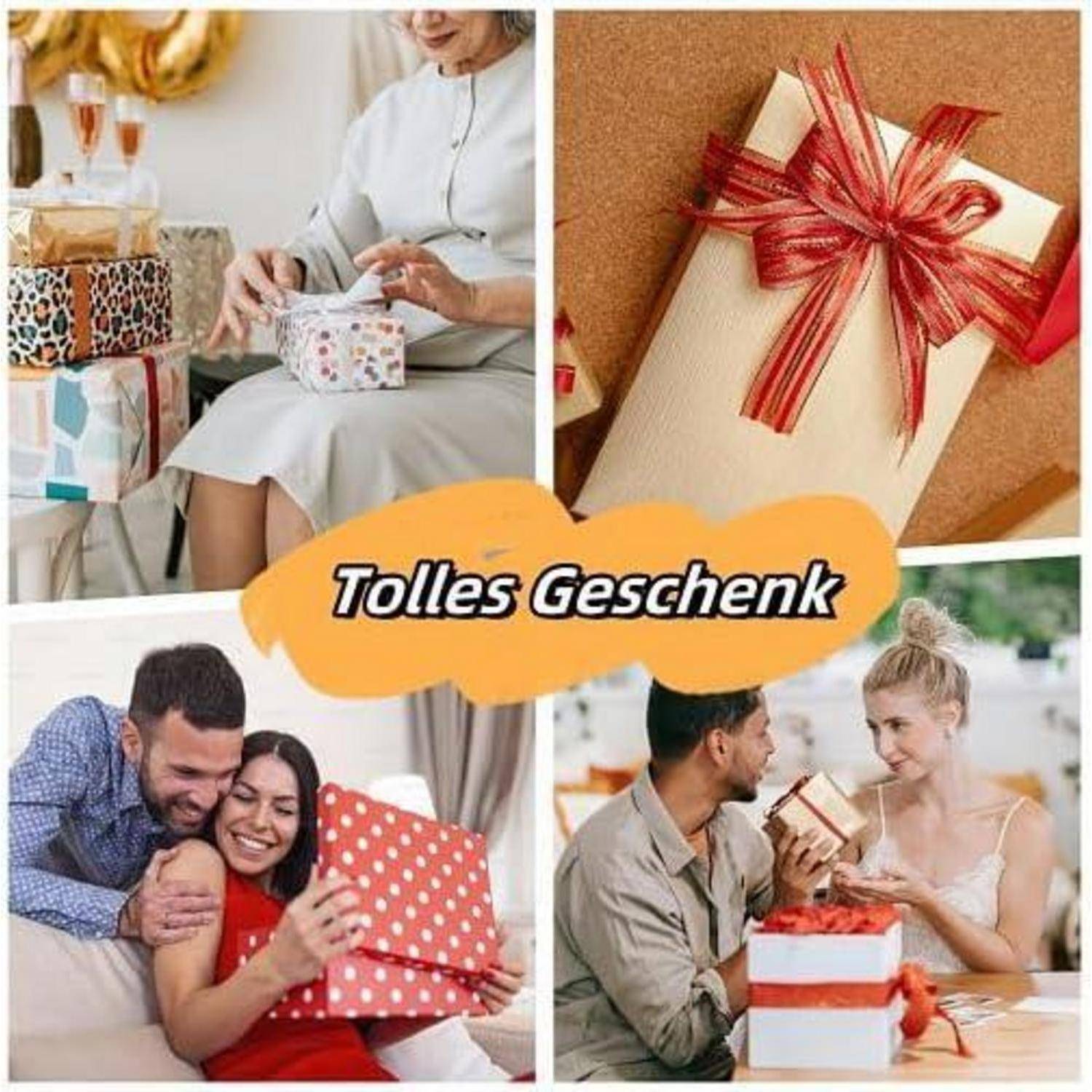 Menschen, die Geschenke austauschen mit fröhlichen Gesichtsausdrücken und verpackte Geschenke in verschiedenen Umgebungen präsentieren. Der Text lautet 