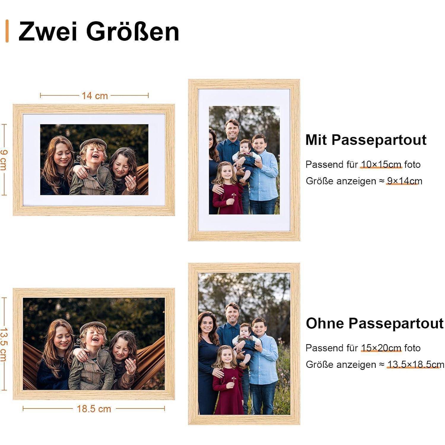 Bild zeigt zwei Fotorahmen mit Familienfotos: links mit Passepartout, 14x9 cm, und rechts ohne Passepartout, 15x20 cm.