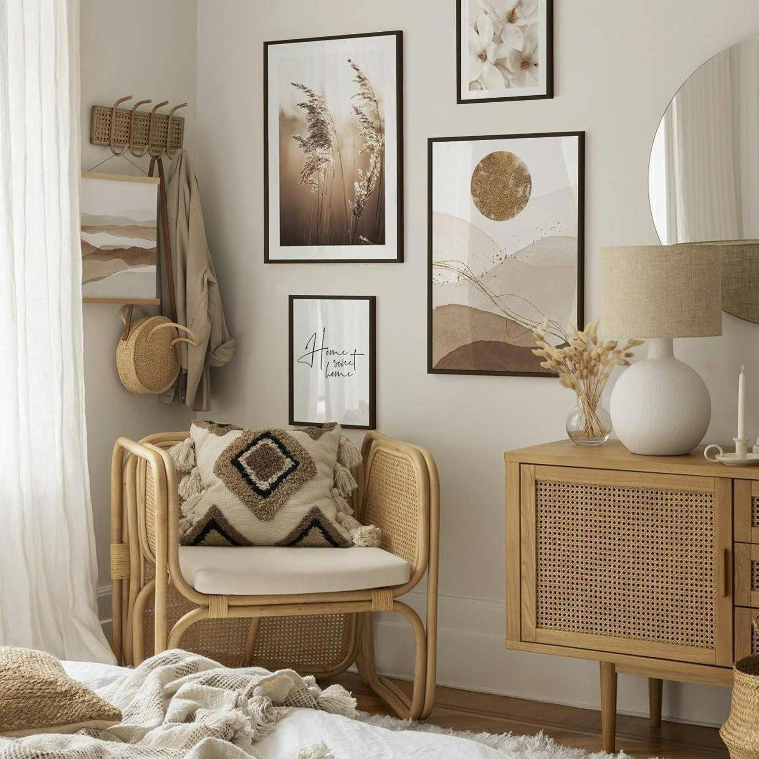 Ein gemütlicher Raum mit minimalistischer Einrichtung in neutralen Tönen, ein Korbstuhl mit gemusterten Kissen, abstrakte Wandkunst und ein Rattanschrank.