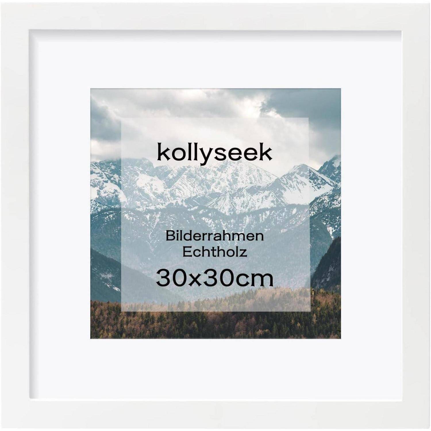 Weißer Bilderrahmen mit einem Foto von schneebedeckten Bergen vor einem bewölkten Himmel. Texteinblendung lautet: 'kollyseek Bilderrahmen Echtholz 30x30cm'.