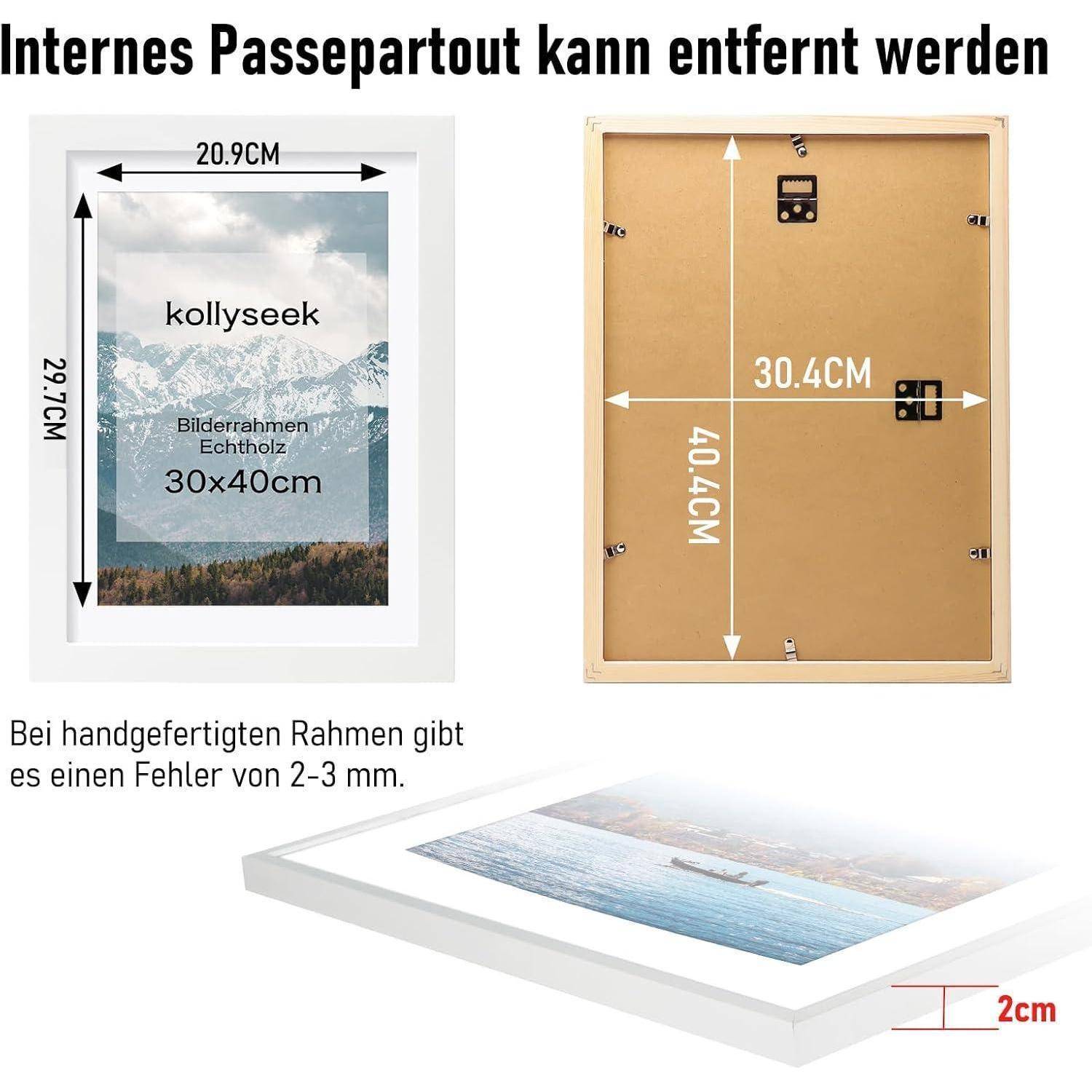 Internes Passepartout kann entfernt werden' Rahmendiagramm mit einem Foto, das die Abmessungen 30,4 cm x 40,4 cm und 20,9 cm x 29,7 cm zeigt.