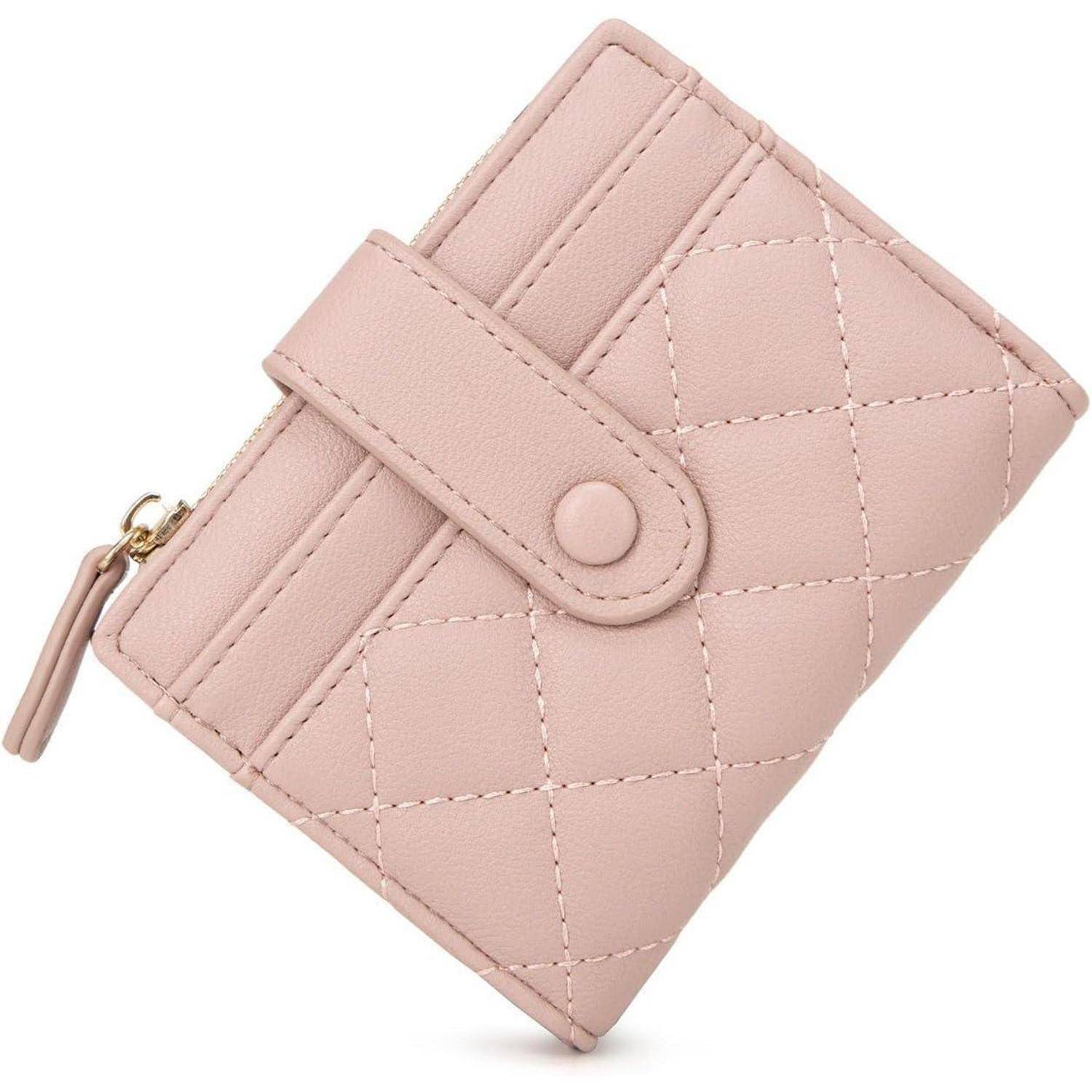 Ein kleines, gestepptes rosa Portemonnaie mit Druckknopfverschluss und Münzfach mit Reißverschluss.