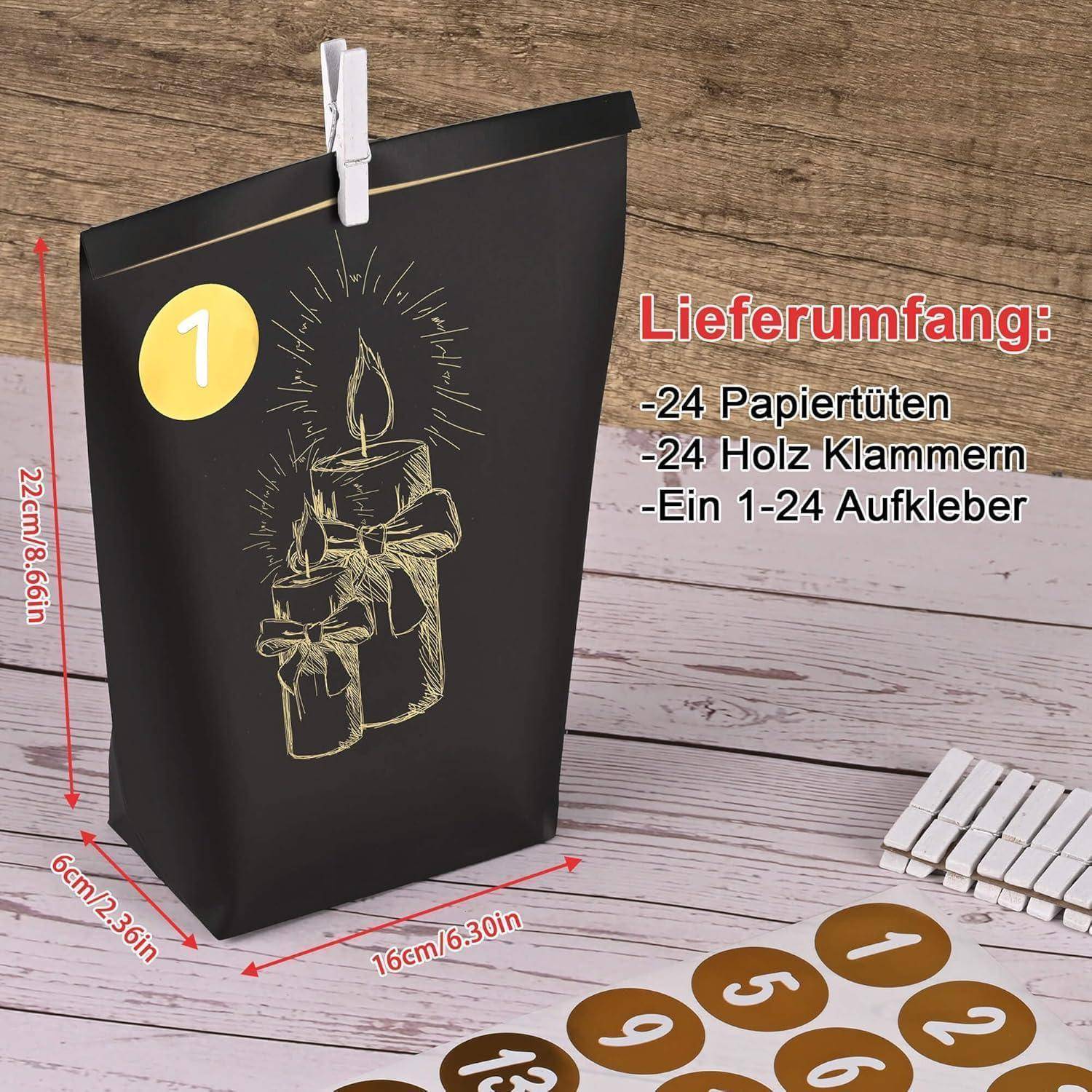 Eine schwarze Geschenktüte mit goldener Kerzenillustration, nummeriertem Aufkleber '1' und Clip. Text auf Deutsch listet Inhalt auf: 24 Tüten, 24 Aufkleber, 1 Clip.
