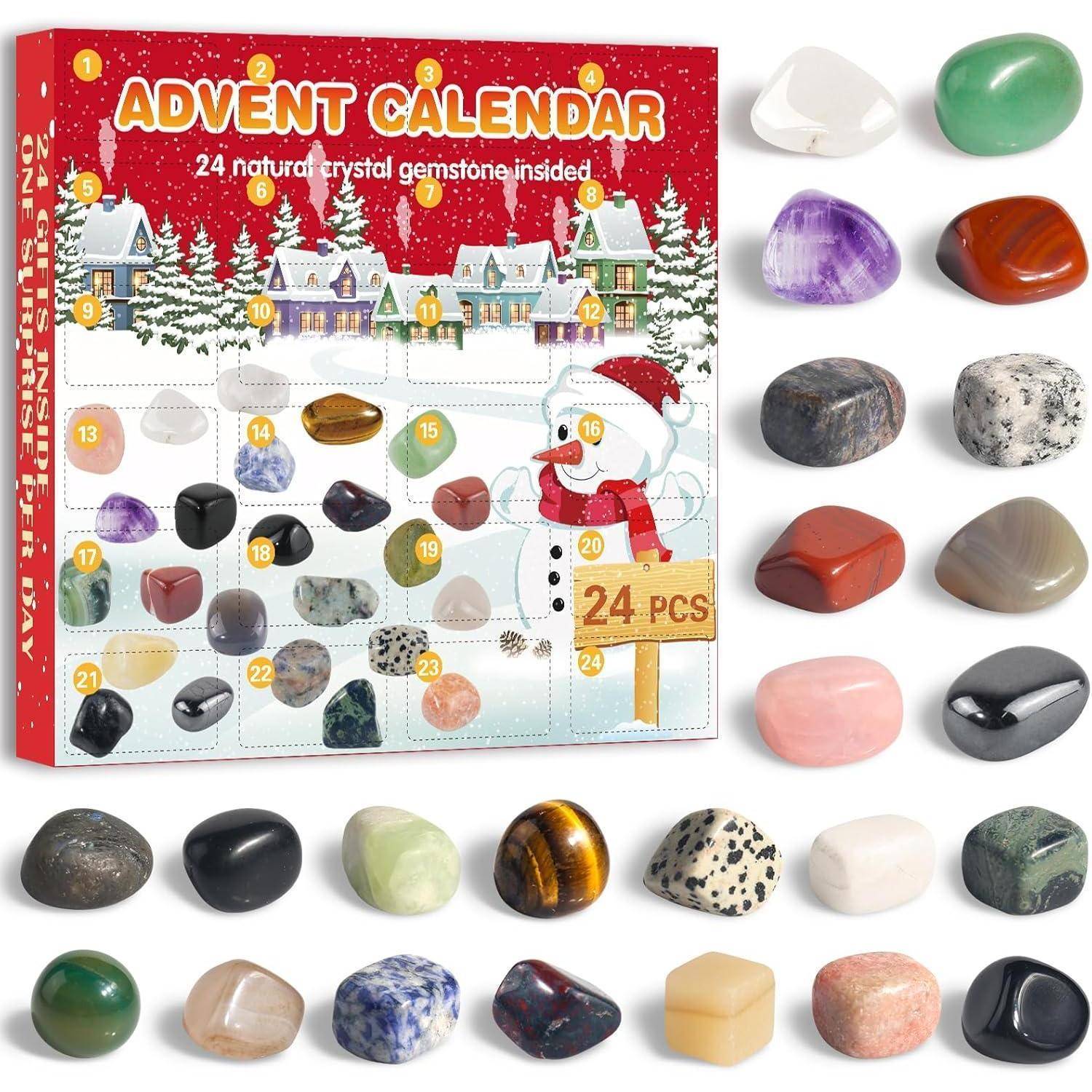 Adventskalender mit 24 natürlichen Kristalledelsteinen. Verschneite Szene mit einem Schneemann, nummerierte Türchen zum Öffnen. Präsentation von 24 verschiedenen Steinen.