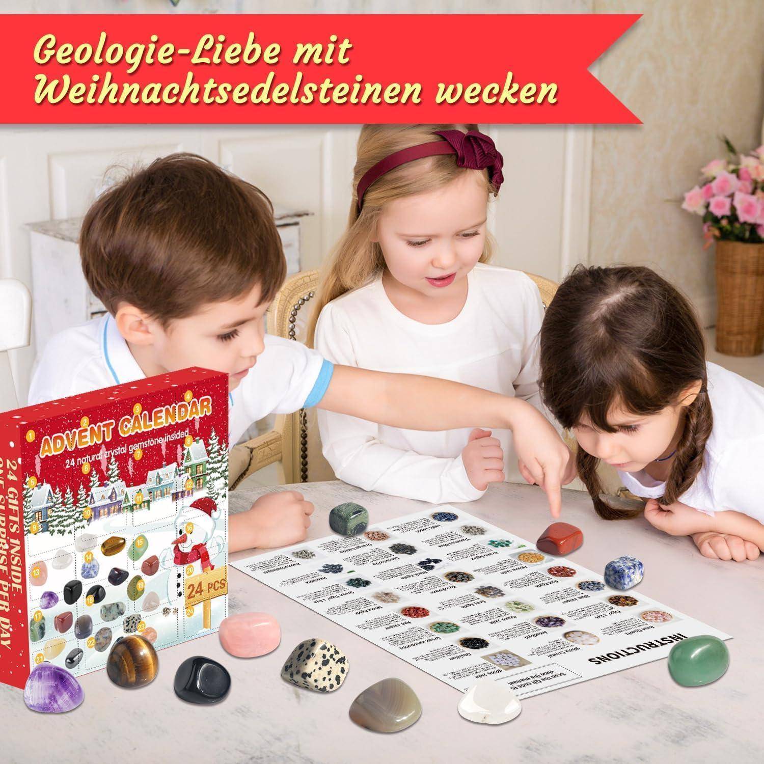 Drei Kinder betrachten Edelsteine auf einem Tisch, wobei sich eine 