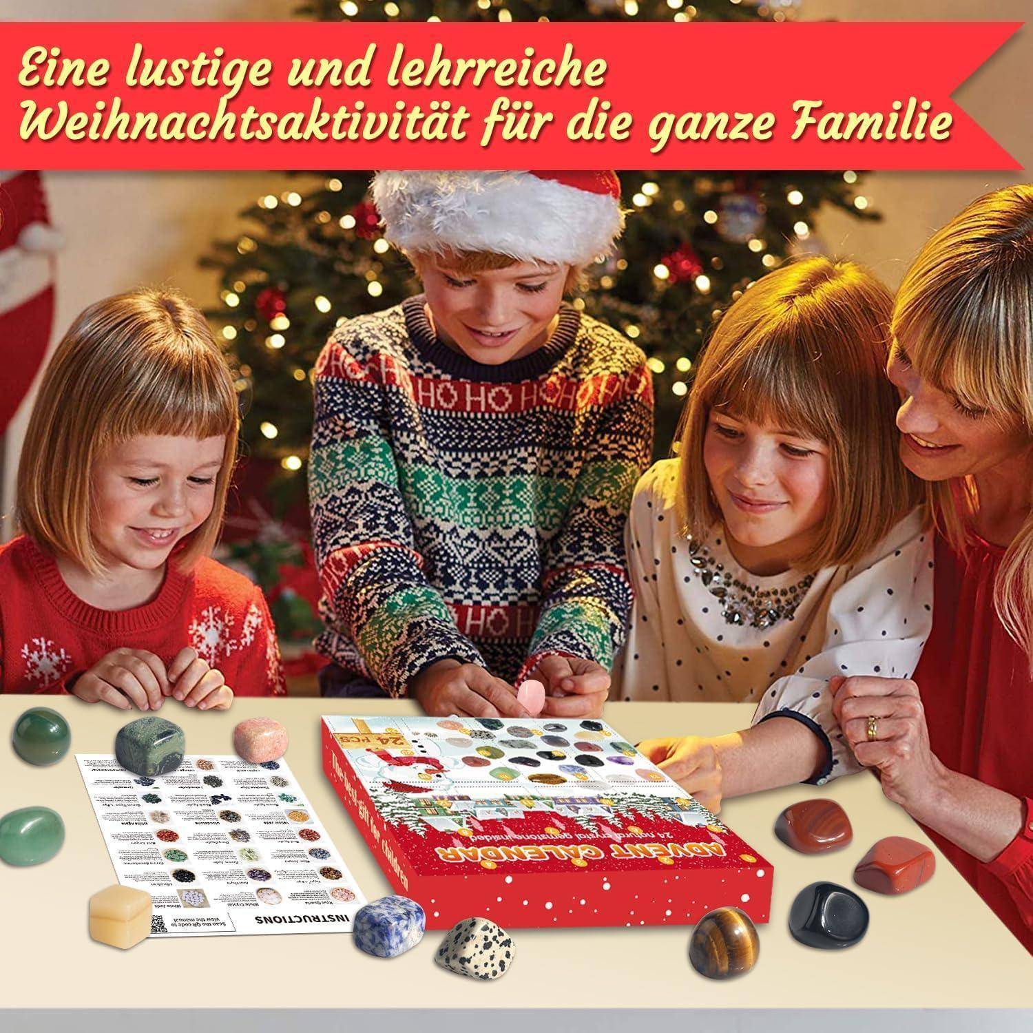 Eine Familie, die eine Weihnachtsaktivität mit einem Lernset und bunten Steinen genießt, mit der Überschrift: Eine lustige und lehrreiche Weihnachtsaktivität.