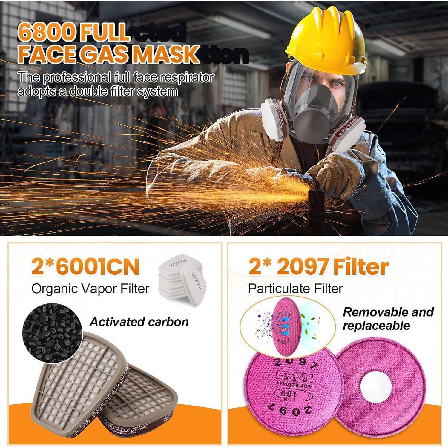 Gasmaske '6800 Vollgesichtsmaske' mit Doppelfiltersystem. Abbildung zeigt eine Person, die die Maske beim Metallschleifen trägt. Enthält '6001CN Gasfilter' und '2097 Partikelfilter'.