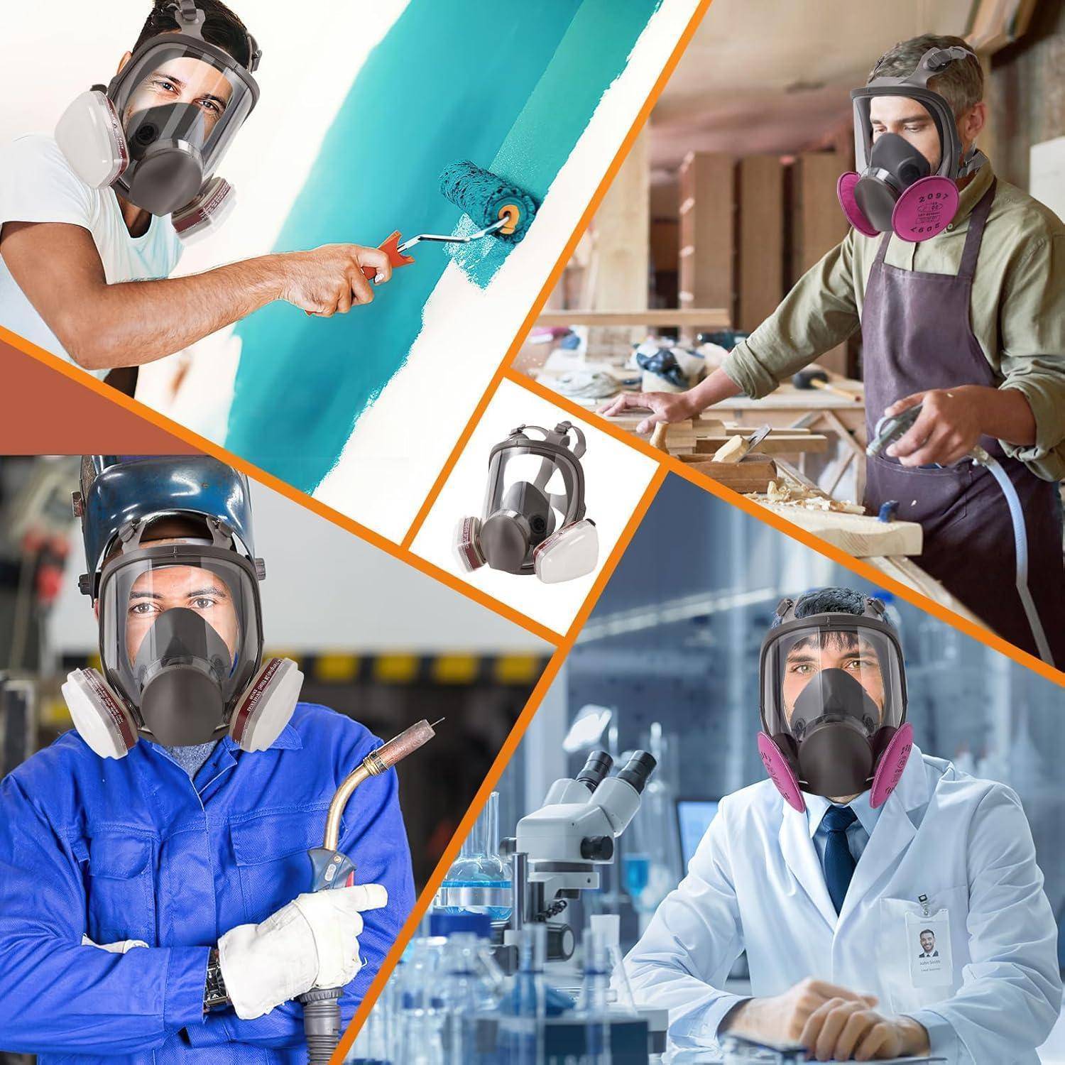 Collage von vier Fachleuten mit Schutzmasken: Maler, Schreiner, Schweißer und Wissenschaftler im Labor, die Schutzmasken in verschiedenen Umgebungen präsentieren.
