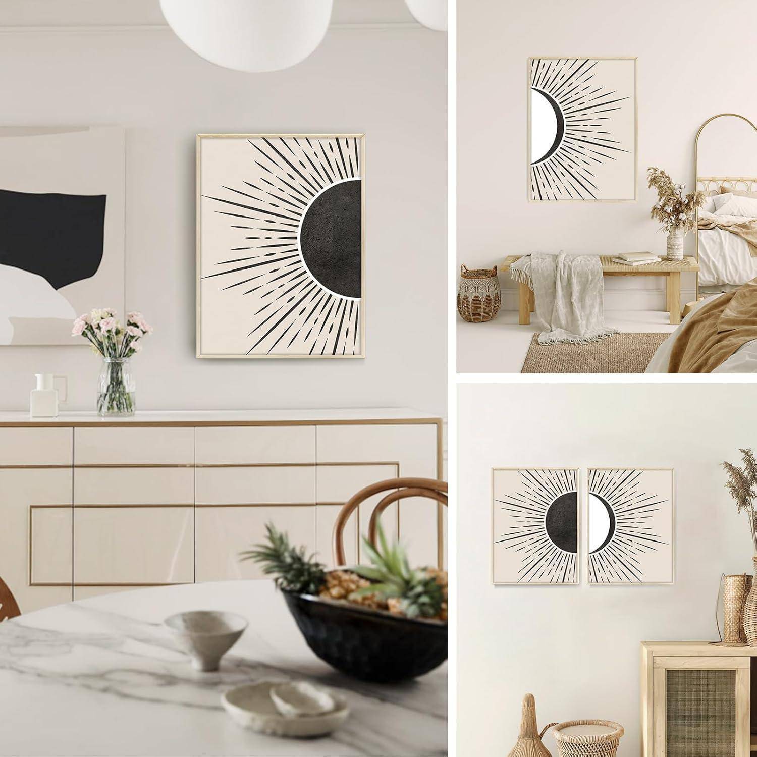 Eine minimalistische Inneneinrichtung mit abstrakten Kunstwerken an den Wänden, hellholzmöbeln und neutraler Dekoration. Helle, luftige Atmosphäre mit sanfter Beleuchtung.