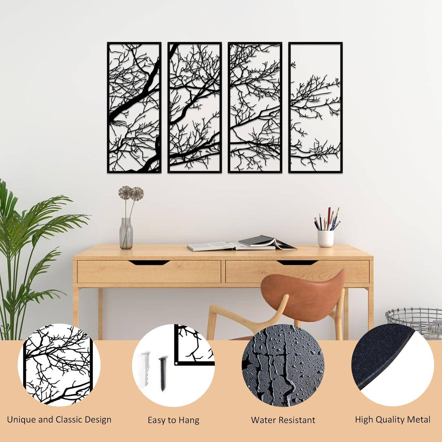 Wandkunst mit Baumzweigen auf vier Paneelen über einem hellen Holzschreibtisch mit Stuhl, Vase und Laptop; Produktmerkmale umfassen einfaches Aufhängen und Wasserbeständigkeit.