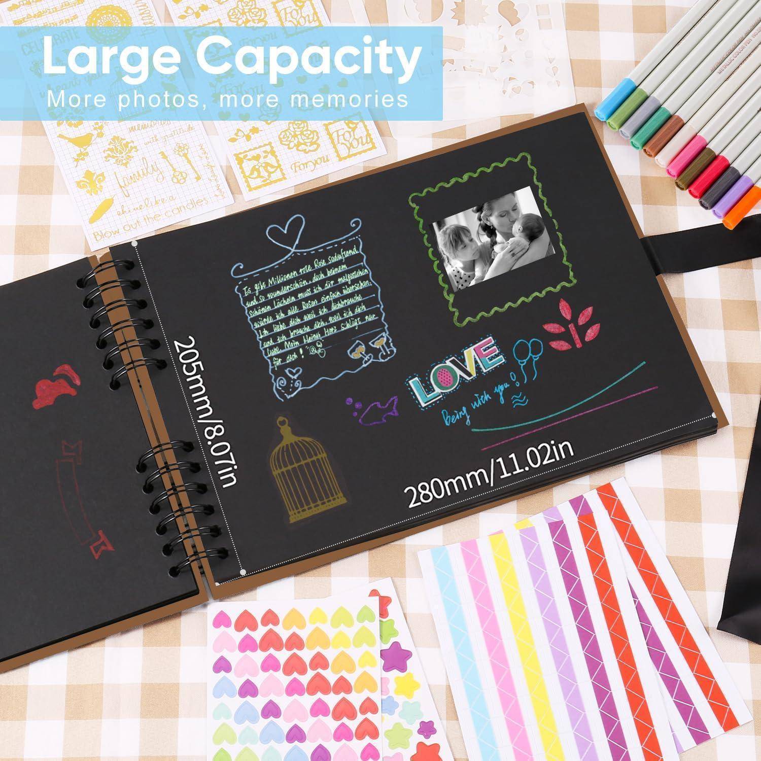 Scrapbooking-Set mit schwarzen Seiten, bunten Stiften, Stickern und Vorlagenmustern. Text lautet: 