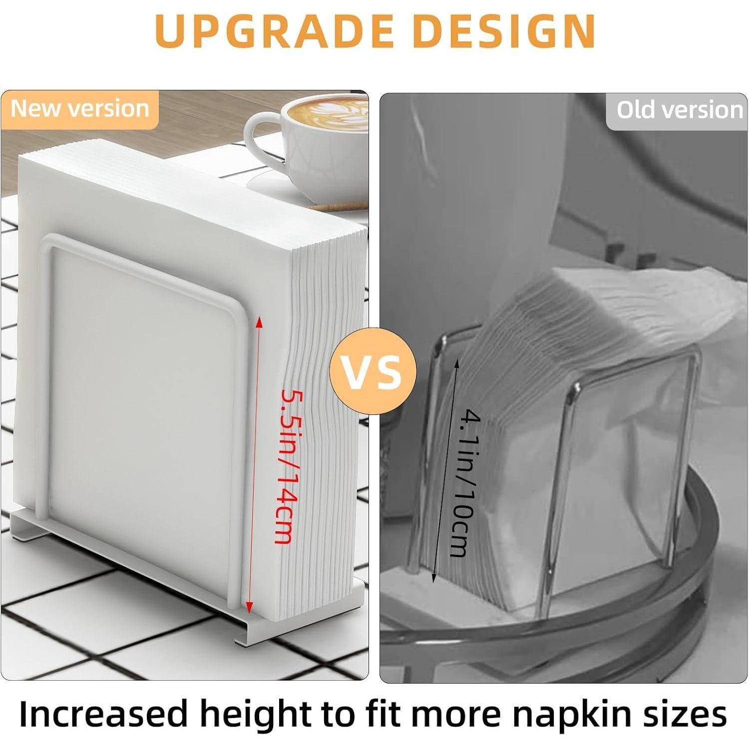 Upgrade-Design: Vergleich Serviettenhalter Neu vs. Alt. Neu: 5,5 Zoll/14 cm, Alt: 4,1 Zoll/10 cm. Erhöhte Höhe für größere Servietten.