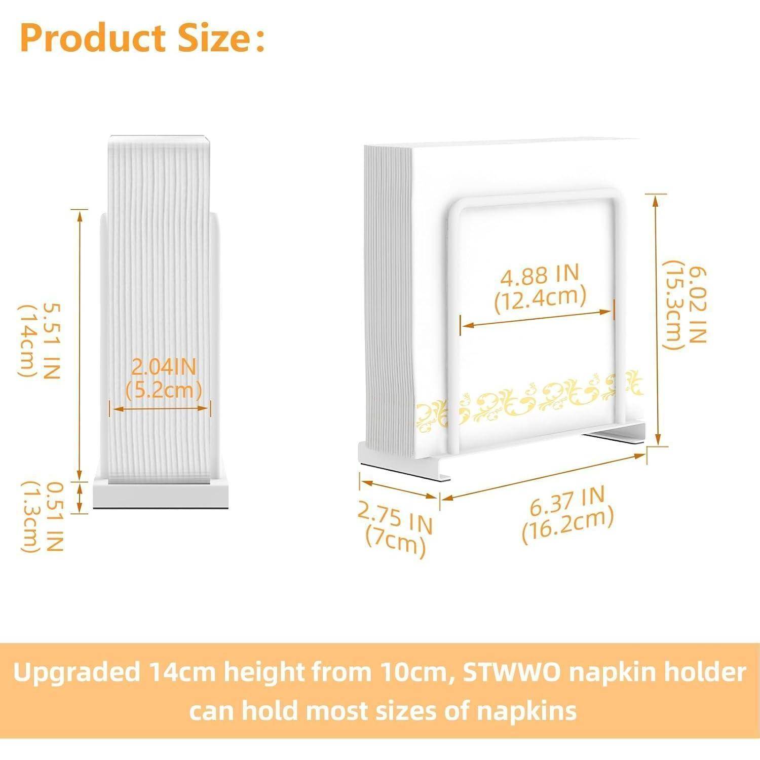 Produktgröße: Verbesserte Höhe von 14 cm gegenüber 10 cm, der STWWO Serviettenhalter kann Servietten in den meisten Größen aufnehmen. Abmessungen: 6,02 Zoll x 6,37 Zoll x 2,75 Zoll.