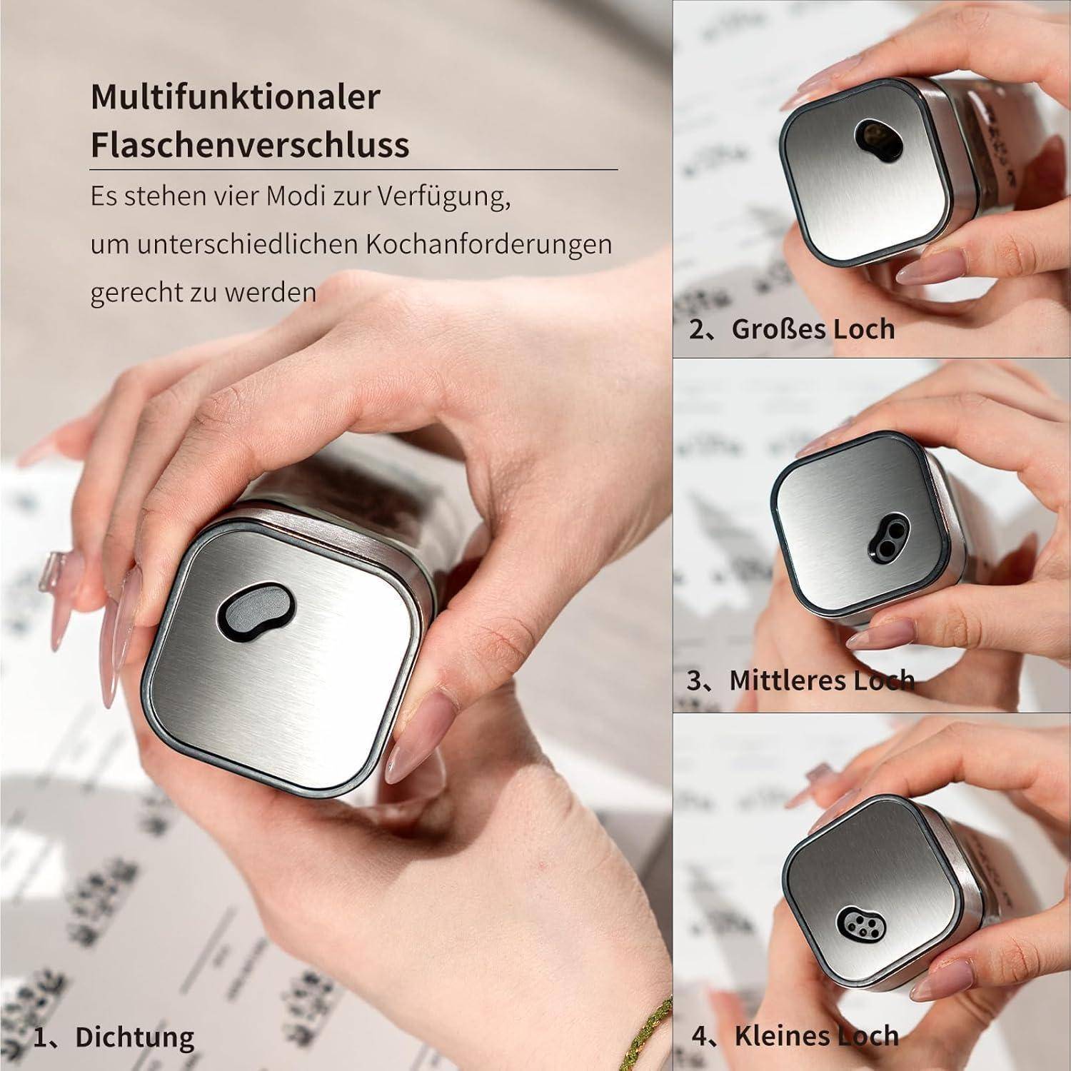 Hände halten einen Flaschenverschluss mit vier Öffnungen, beschriftet mit: 1. 'Dichtung' (Dichtung), 2. 'Großes Loch' (Großes Loch), 3. 'Mittleres Loch' (Mittleres Loch), 4. 'Kleines Loch' (Kleines Loch).
