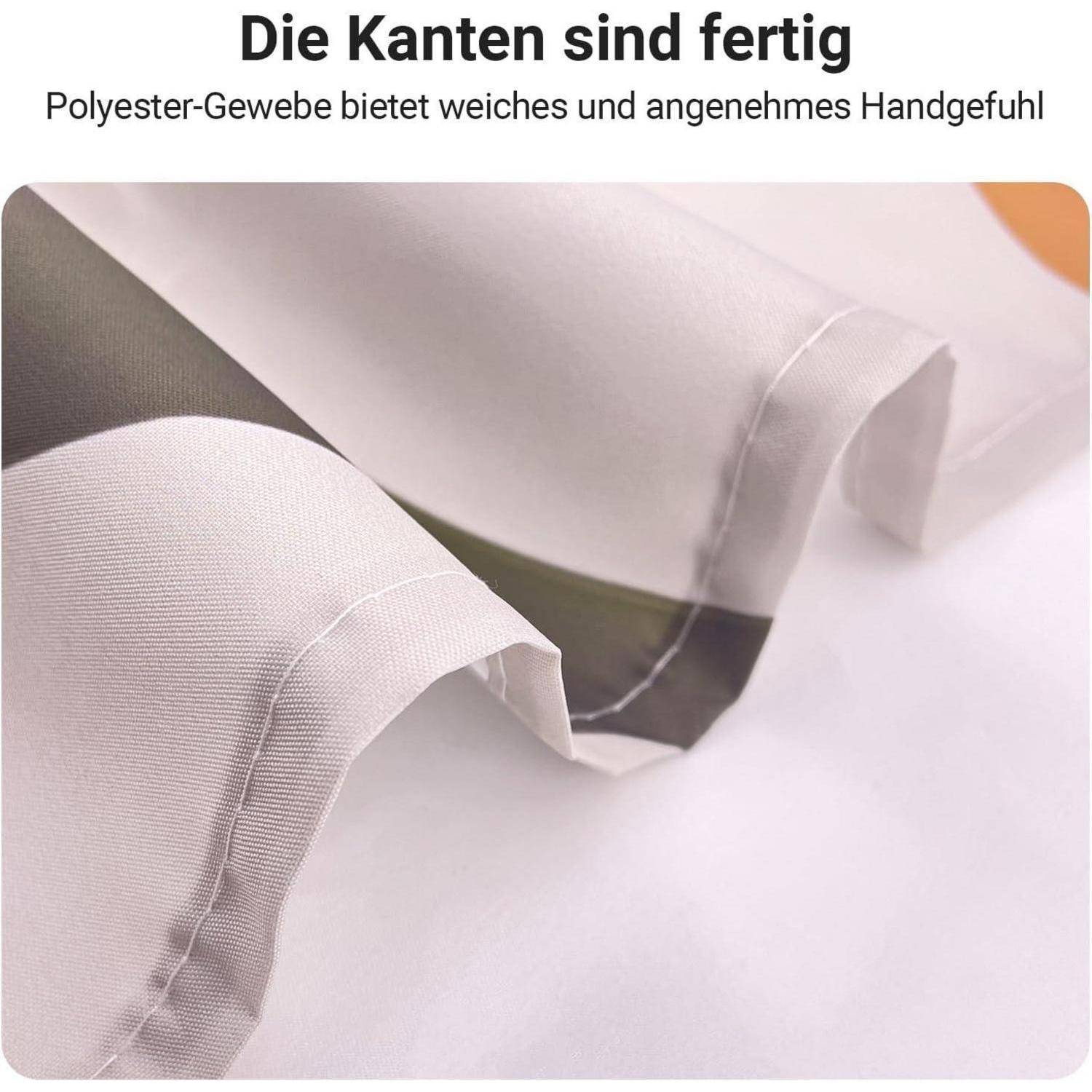 Eine Nahaufnahme von Polyesterstoff mit glatten, abgeschlossenen Kanten, die seine weiche und angenehme Textur hervorheben. Deutscher Text am oberen Rand.