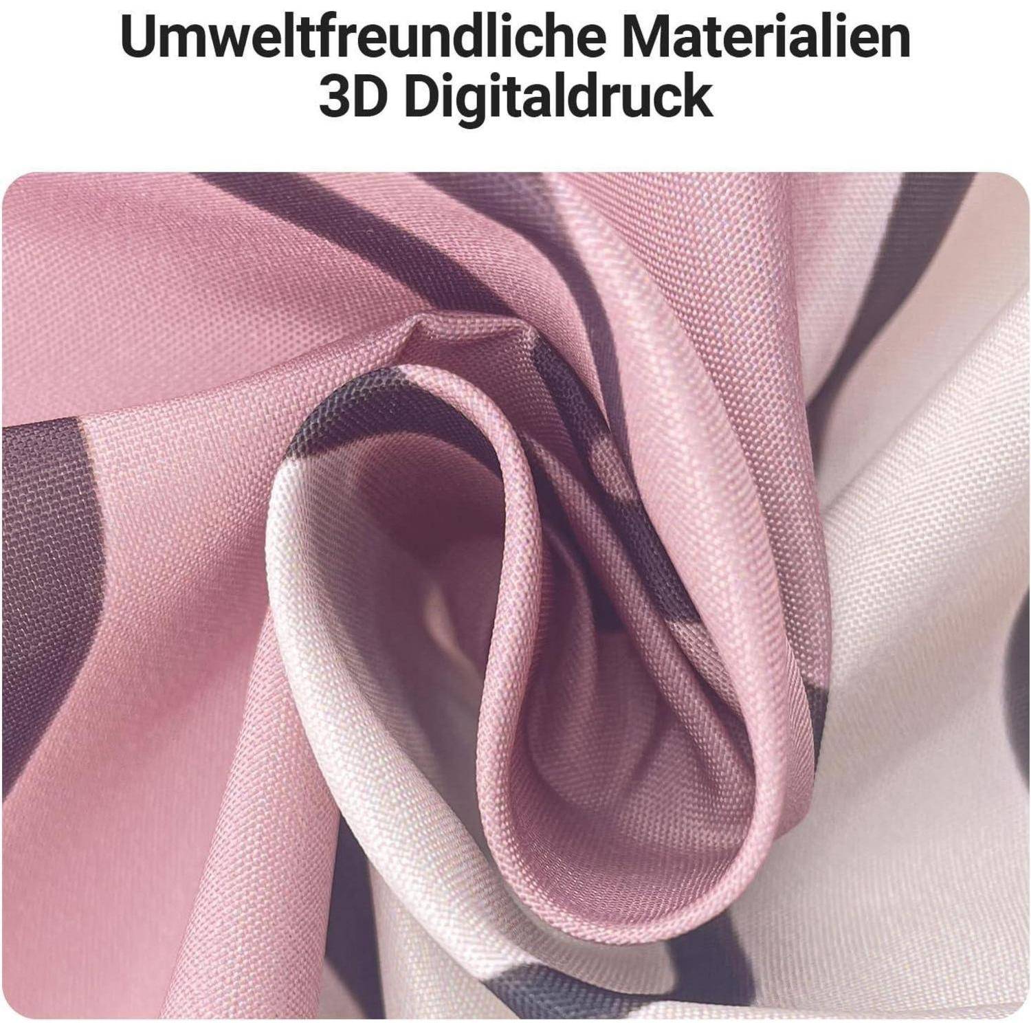 Umweltfreundliche Materialien 3D Digitaldruck, gezeigt mit einer Nahaufnahme von rosa und beige Stoff, der Textur und Muster hervorhebt.