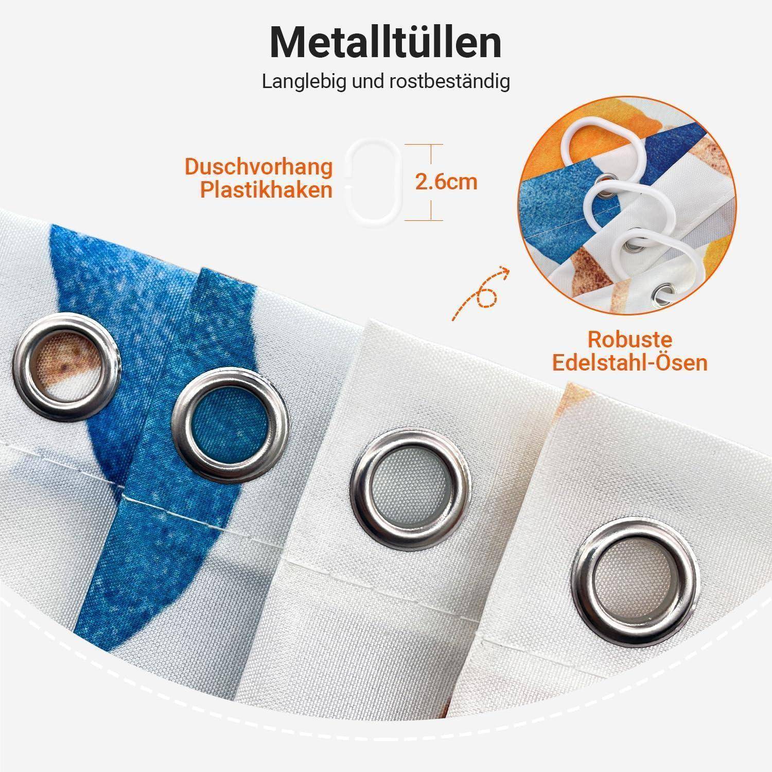 Produktbild von 'Metalltüllen', das einen Duschvorhang mit robusten Metallringen und Kunststoffhaken zeigt und dabei die rostbeständigen Eigenschaften betont.