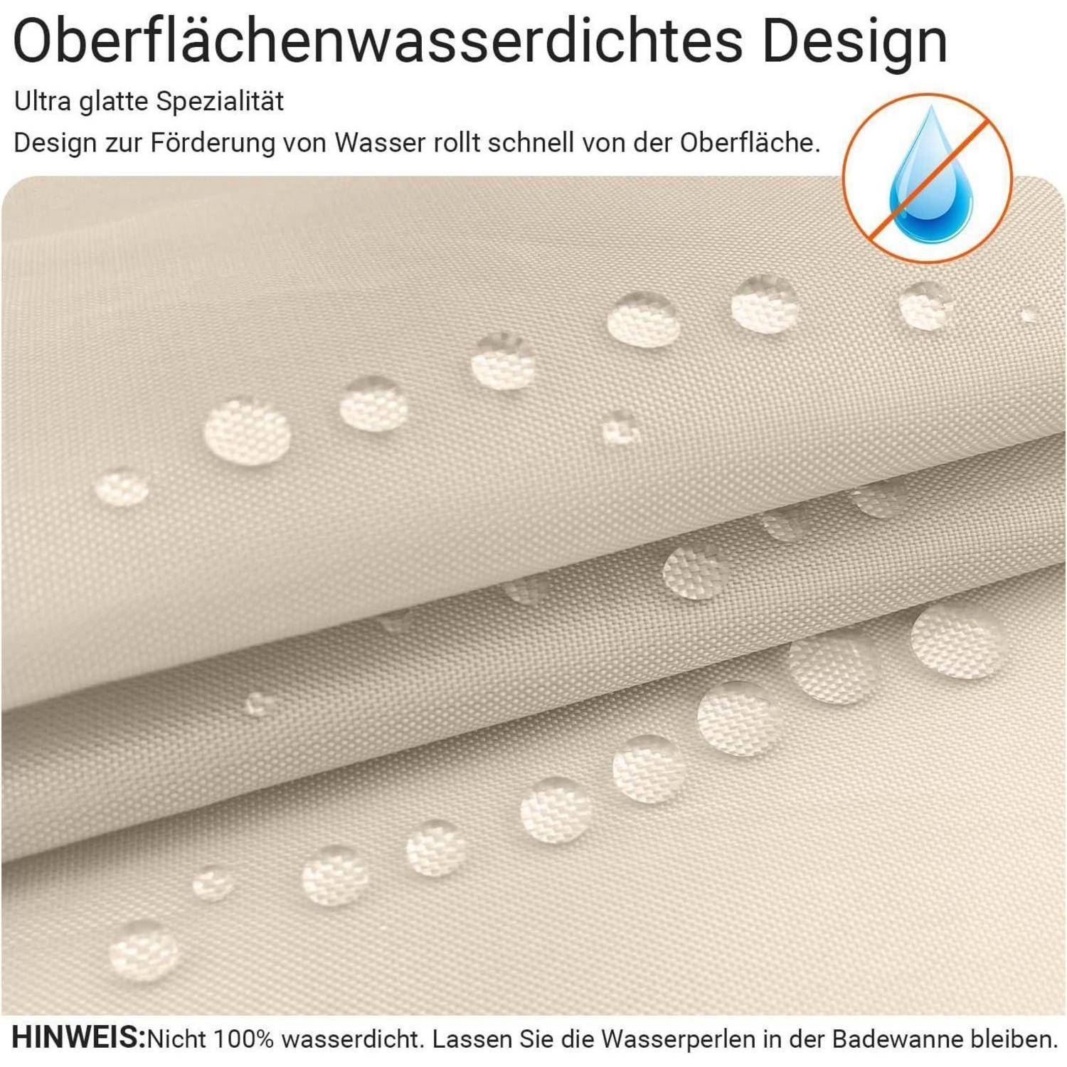 Gefaltetes beiges Textil mit Wassertropfen, die abperlen. Text lautet: 'Oberflächenwasserabweisende Konstruktion. Ultraglatte Oberflächengestaltung für schnelles Wasserablaufen.