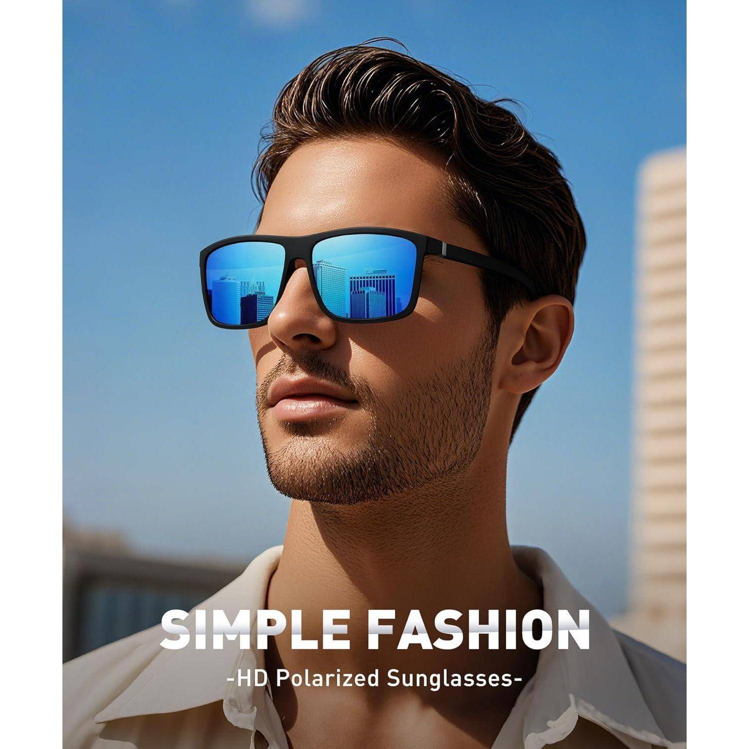 Eine Person im Freien, die reflektierende Sonnenbrille mit blauen Gläsern trägt, mit dem Text 'Simple Fashion - HD Polarisierte Sonnenbrille'.