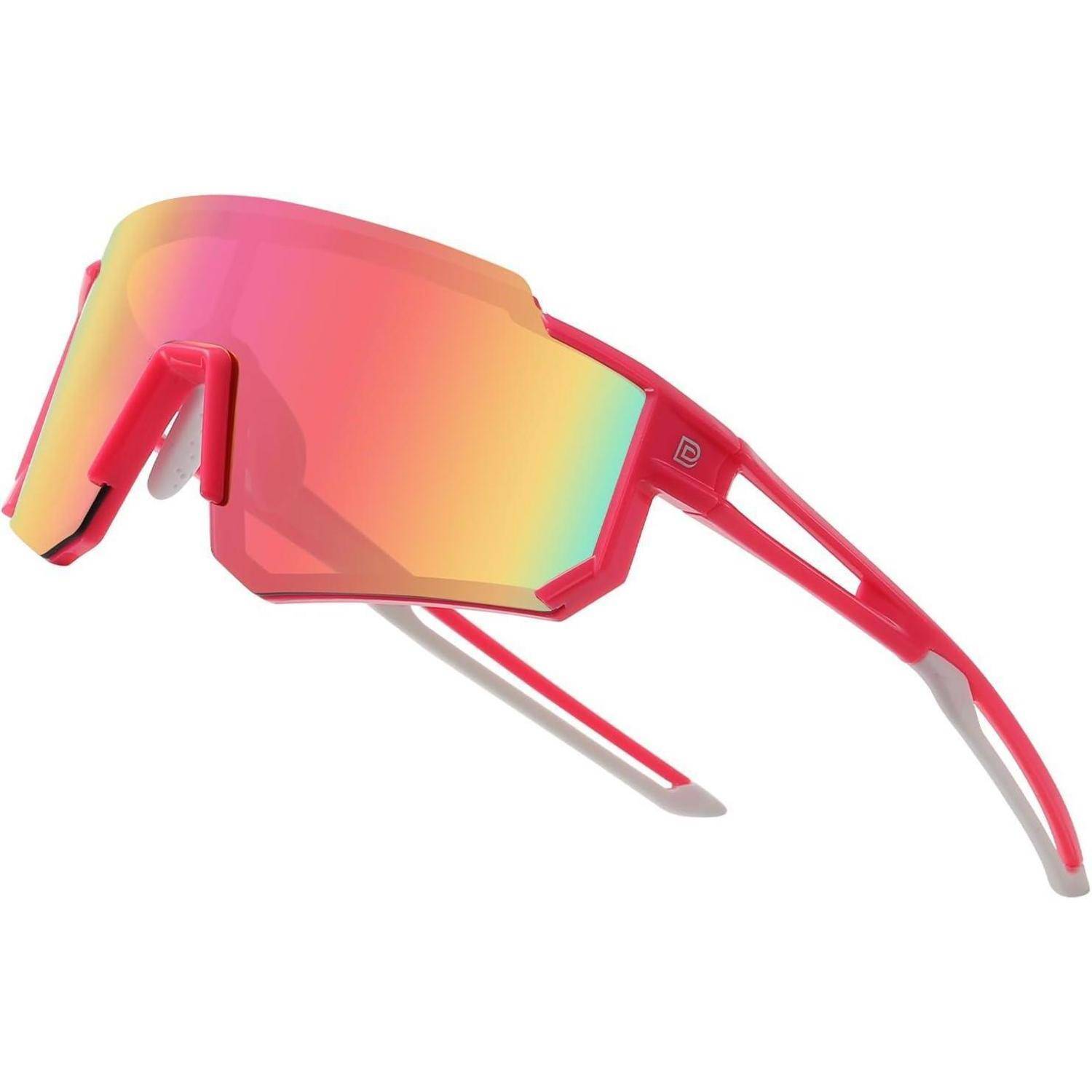 Rosa Sportsonnenbrille mit verspiegelten Gläsern und einem modernen, kantenreichen Design.