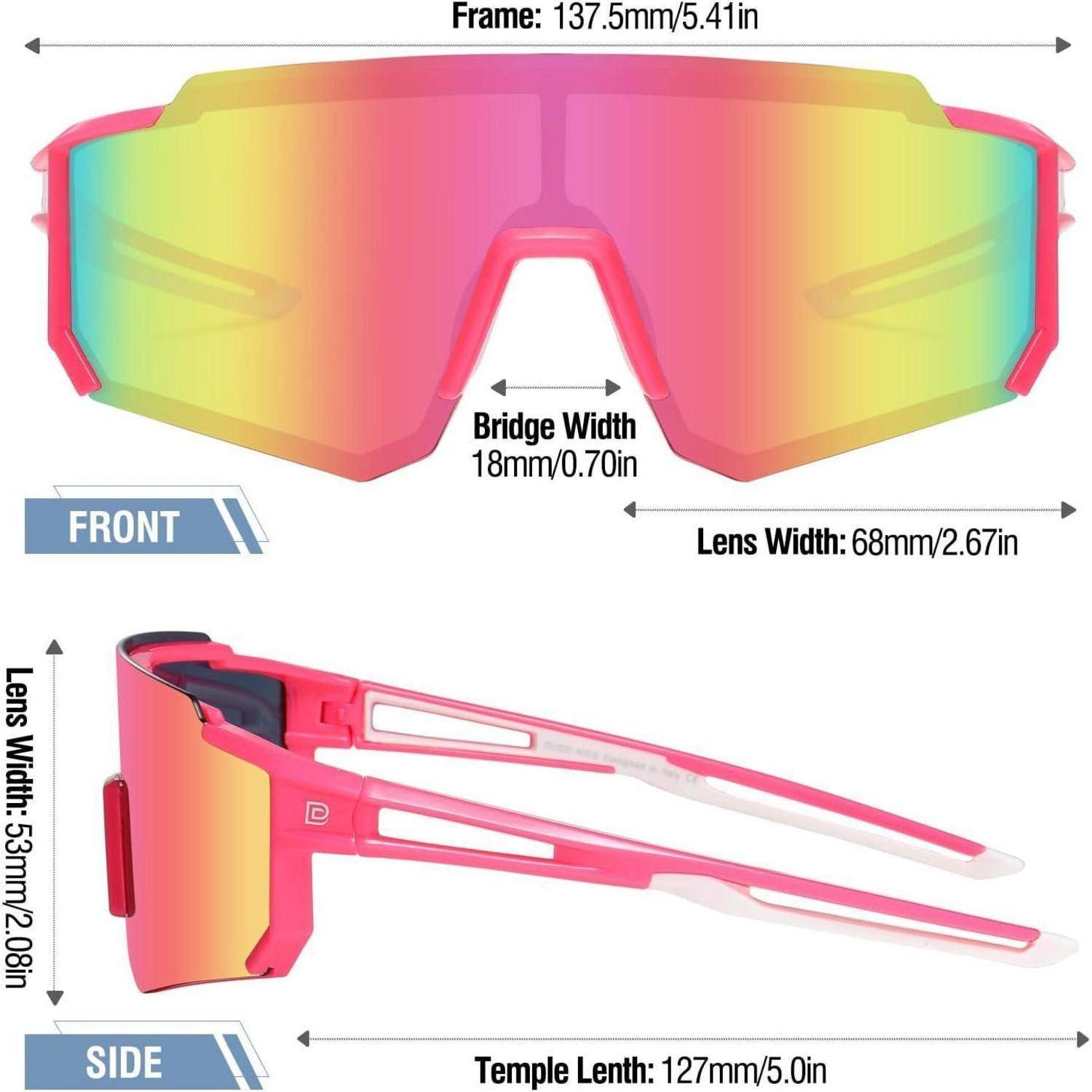 Vorder- und Seitenansichten von Sonnenbrille mit neonrosa Rahmen und Verlaufsgläsern. Glasbreite: 68 mm, Stegbreite: 18 mm, Bügellänge: 127 mm.