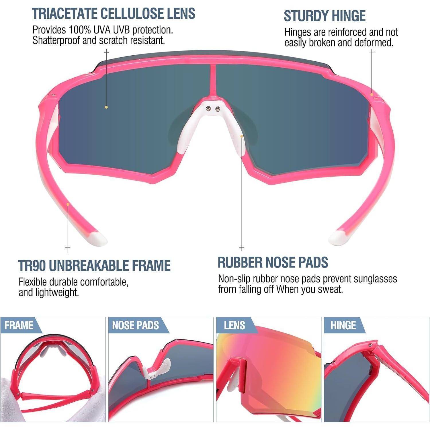 Sonnenbrille Infografik mit Merkmalen: 'Triacetatzellulose-Linse' - UV-Schutz, splitterfest; 'Robustes Scharnier'; 'TR90-Rahmen' - flexibel, langlebig; 'Gummierte Nasenstege' - rutschfest.