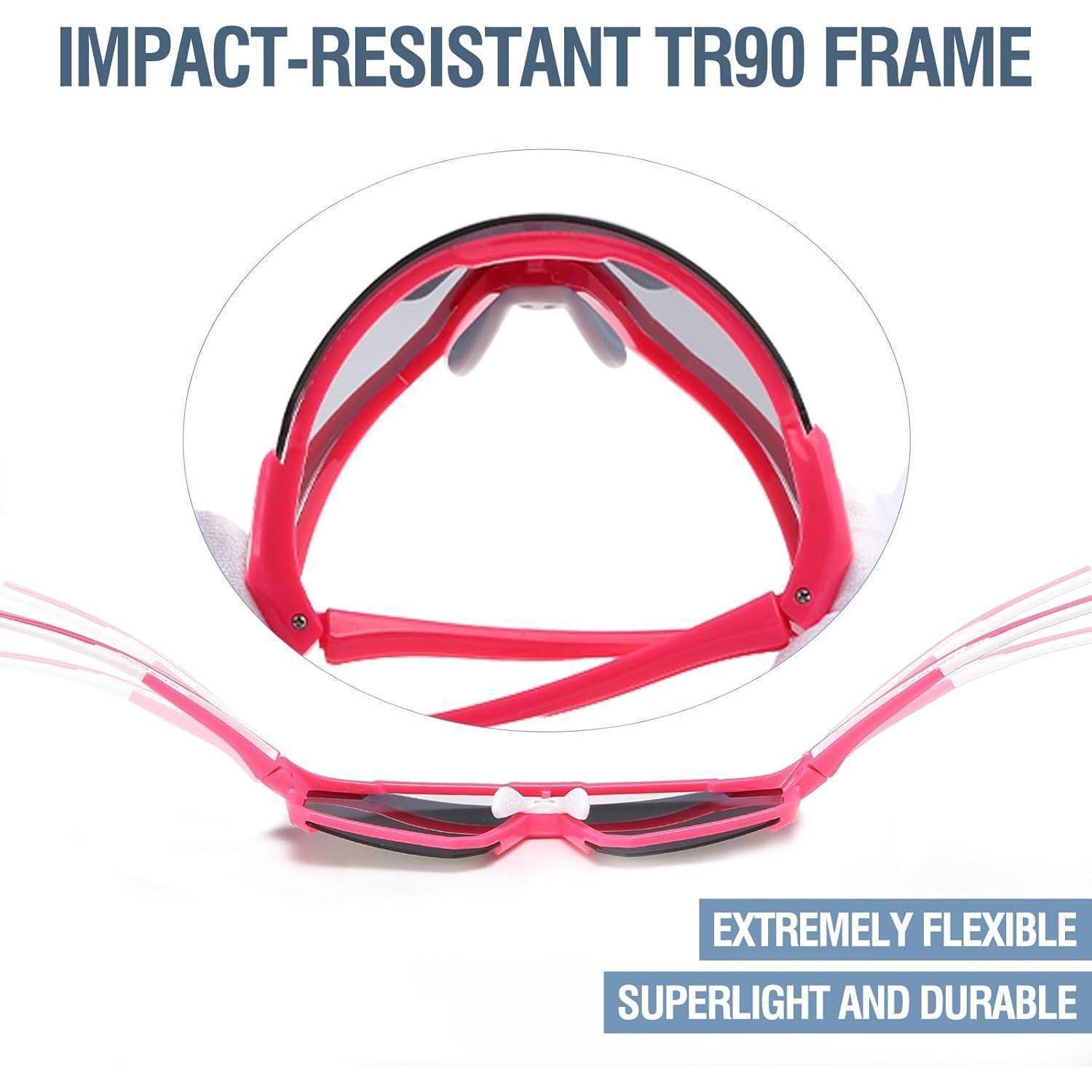 Rote Brille mit einem stoßfesten TR90-Rahmen, beschrieben als extrem flexibel, supermleicht und langlebig.