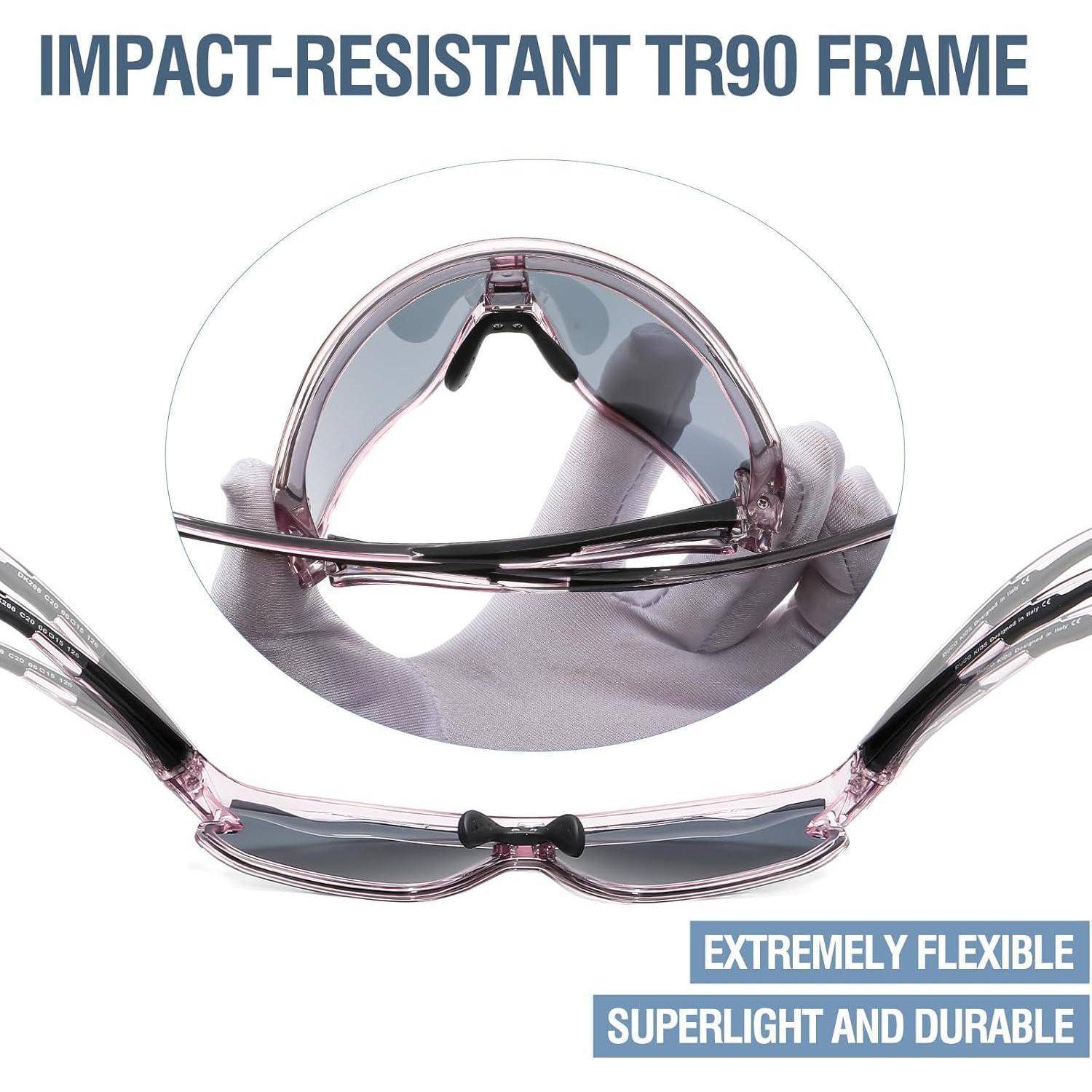 Brille mit 'Stoßfester TR90-Rahmen', bekannt für extreme Flexibilität, geringes Gewicht und Langlebigkeit. Ovale Einblendung zeigt Rahmen beim Biegen.