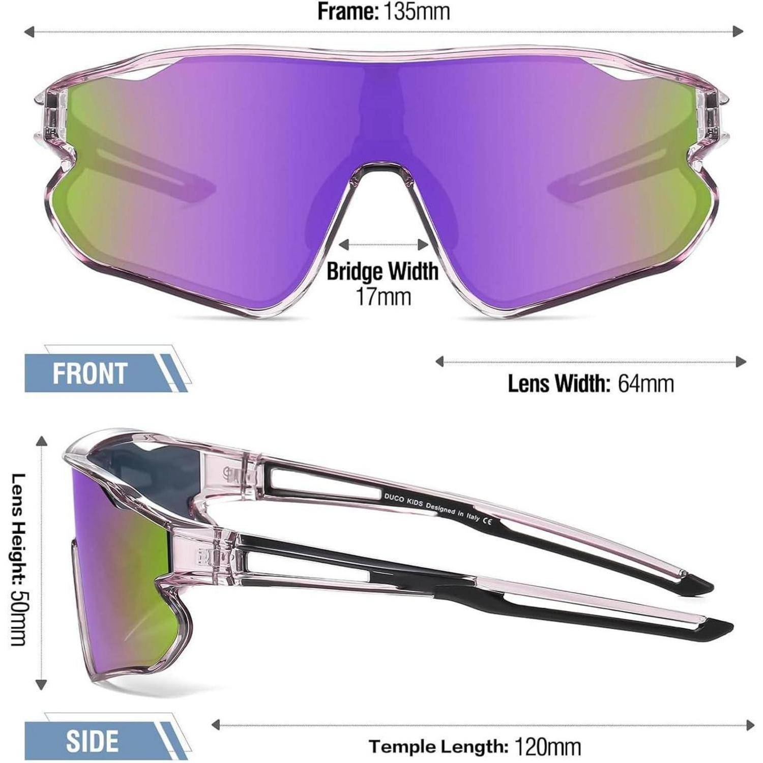 Schlanke Sonnenbrille mit verspiegelter Linsengestaltung, mit folgenden Maßen: Rahmen 135mm, Nasensteg 17mm, Linsenbereite 64mm, Bügellänge 120mm.