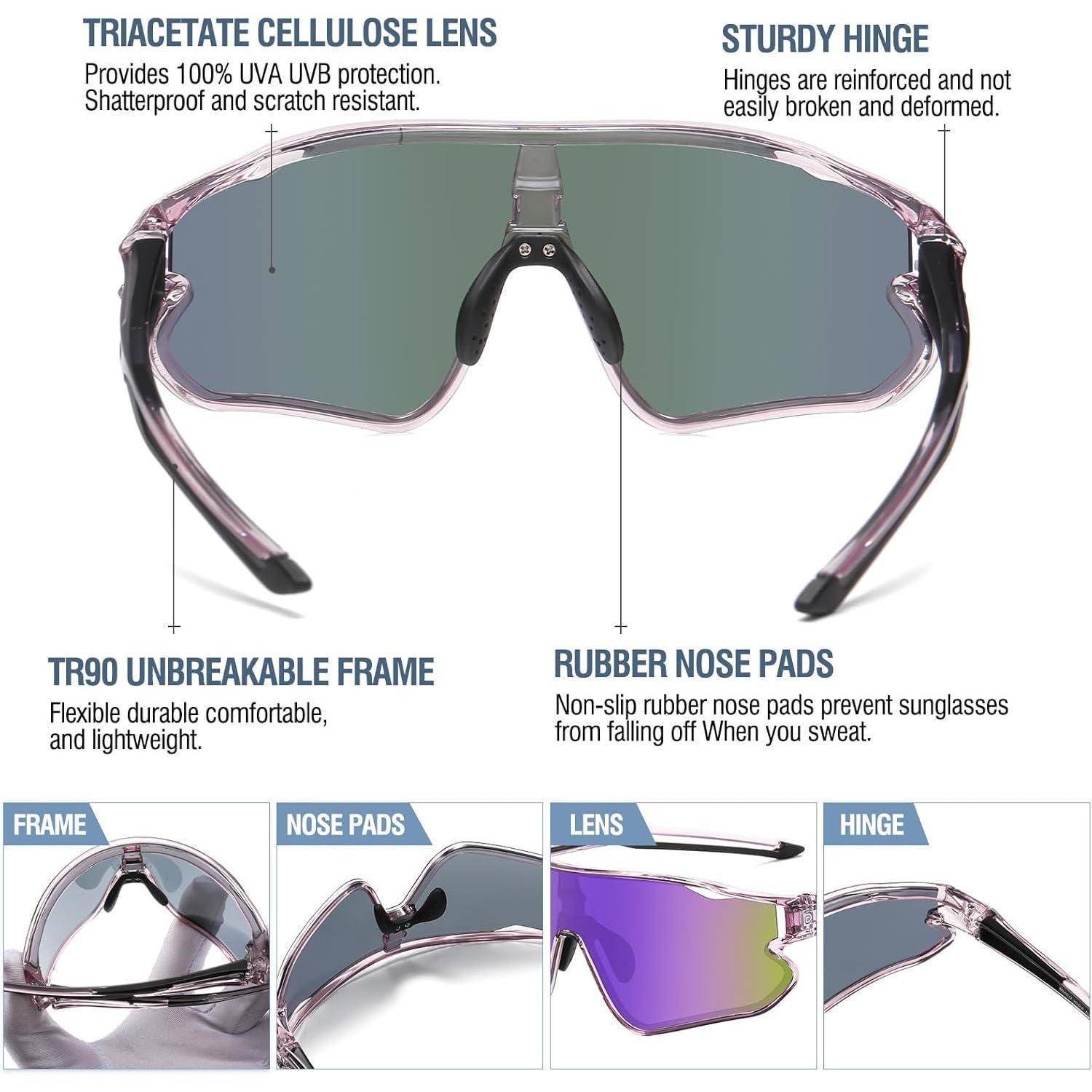 Sportzsonnenbrille mit Hervorhebung der Eigenschaften: Triacetatzellulose-Glas für UV-Schutz, robustes Scharnier, TR90-Rahmen, Gummisattel.