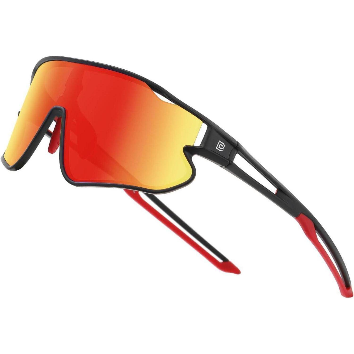 Sportliche Sonnenbrille in elegantem Schwarz und Rot mit roten Spiegelgläsern, die ein modernes, kantiges Gestell aufweisen und für Sportaktivitäten entwickelt wurden.
