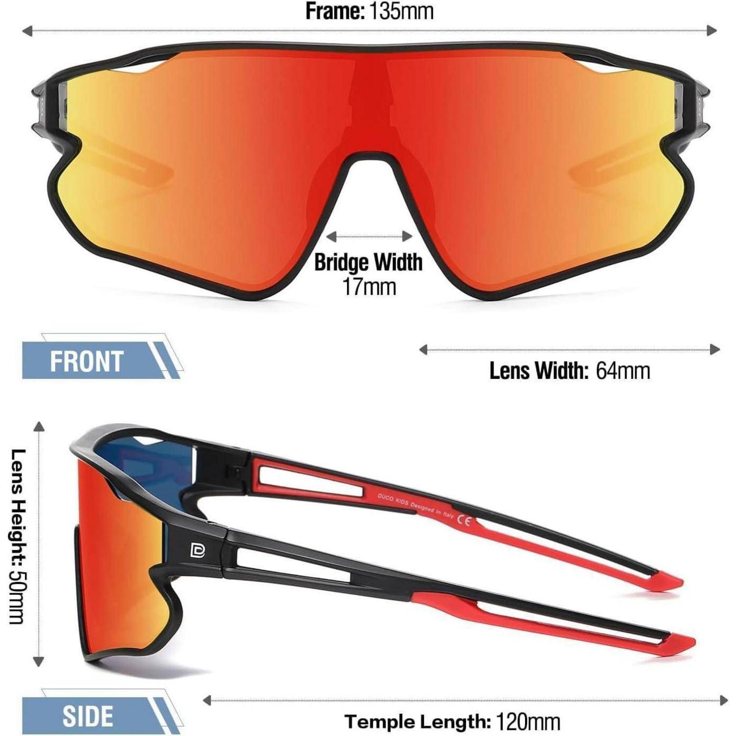 Sonnenbrille mit orangefarbenen Gläsern; 135 mm Rahmen, 17 mm Steg, 64 mm Glasbreite, 50 mm Glashöhe, 120 mm Bügellänge, Seiten- und Frontansicht.