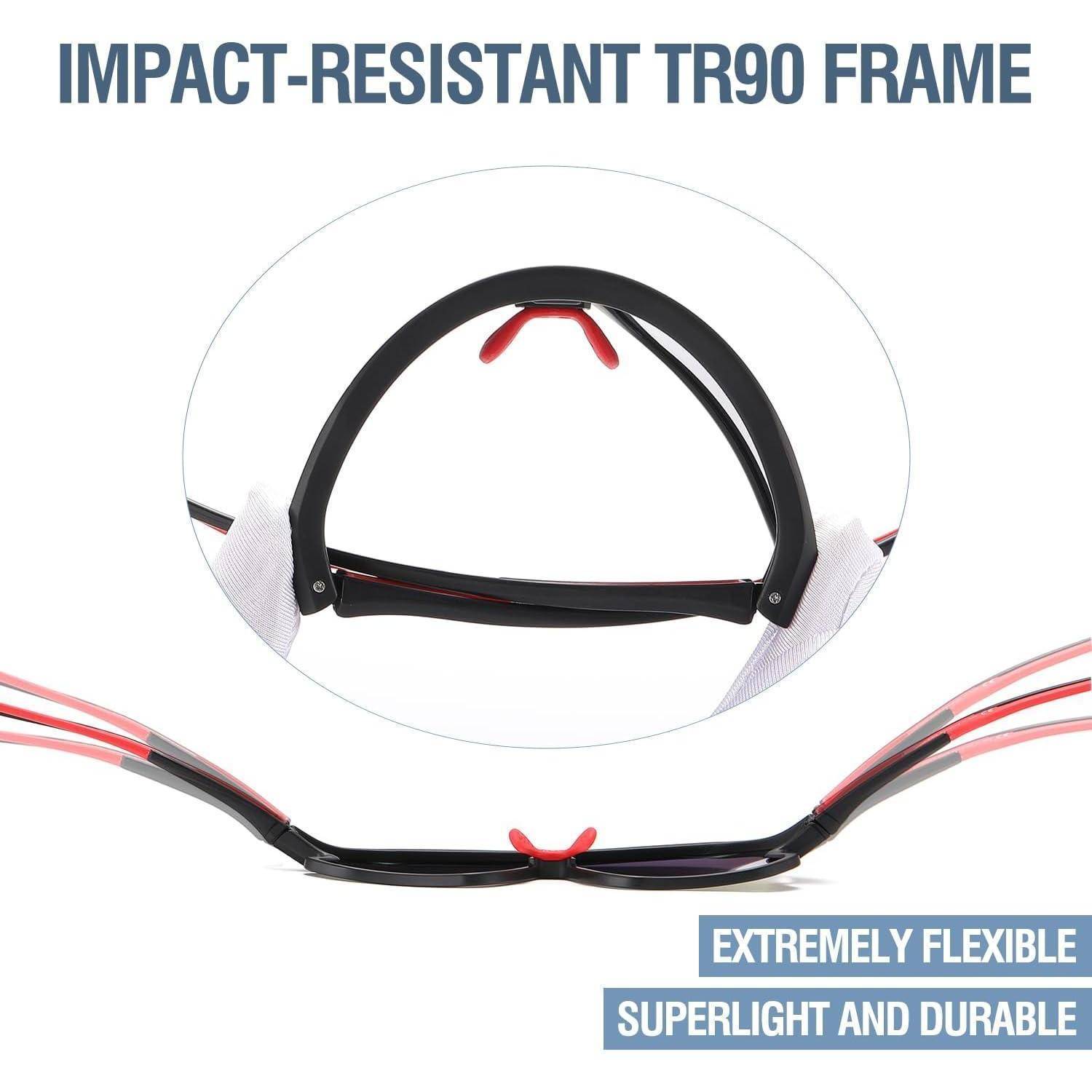 Rahmen aus schlagfestem TR90-Material' Brille gezeigt. Texthighlights: 'Extrem flexibel, superleicht und langlebig.