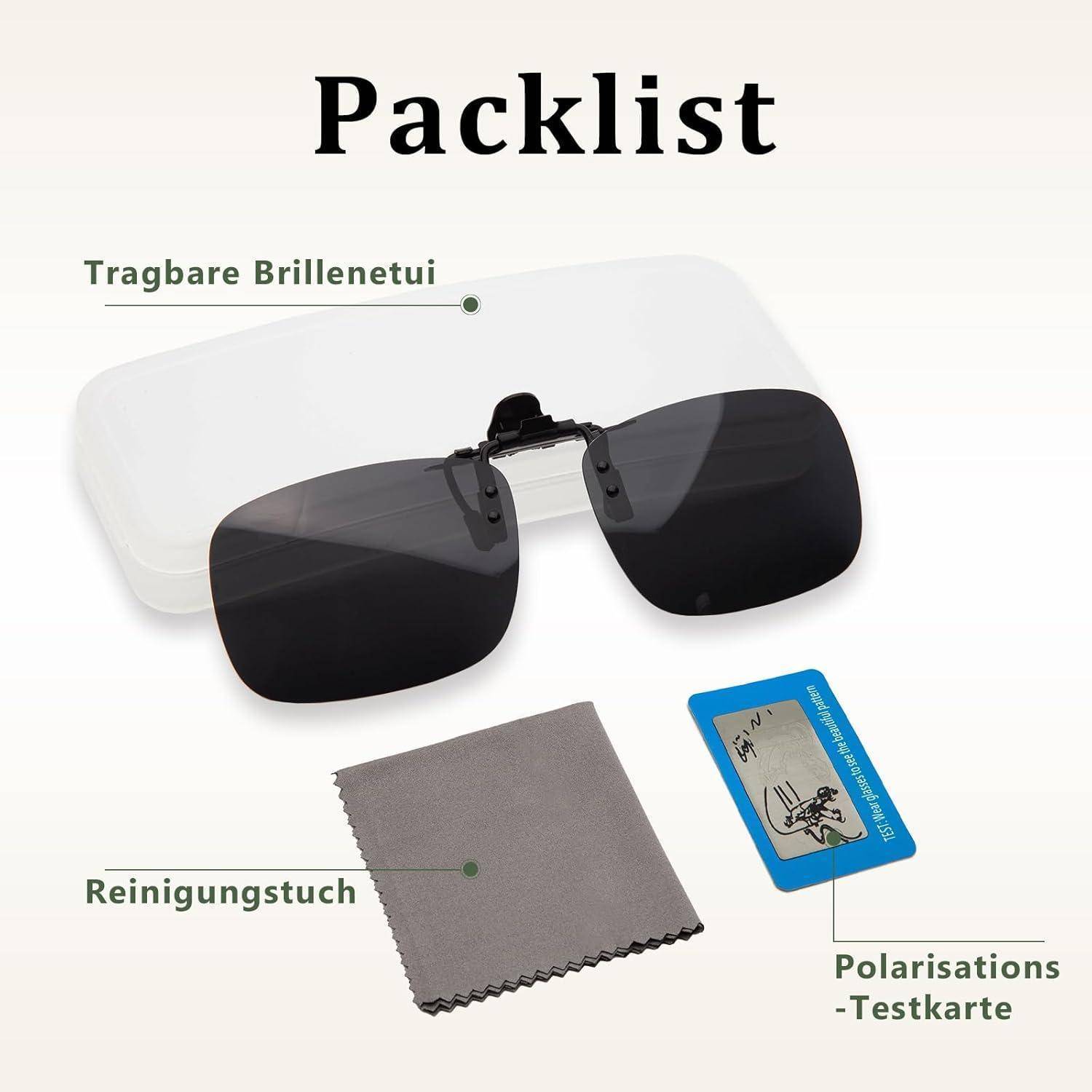 Packliste mit tragbarem Brillenetui, Sonnenclip, Reinigungstuch und Polarisationstest-Karte.