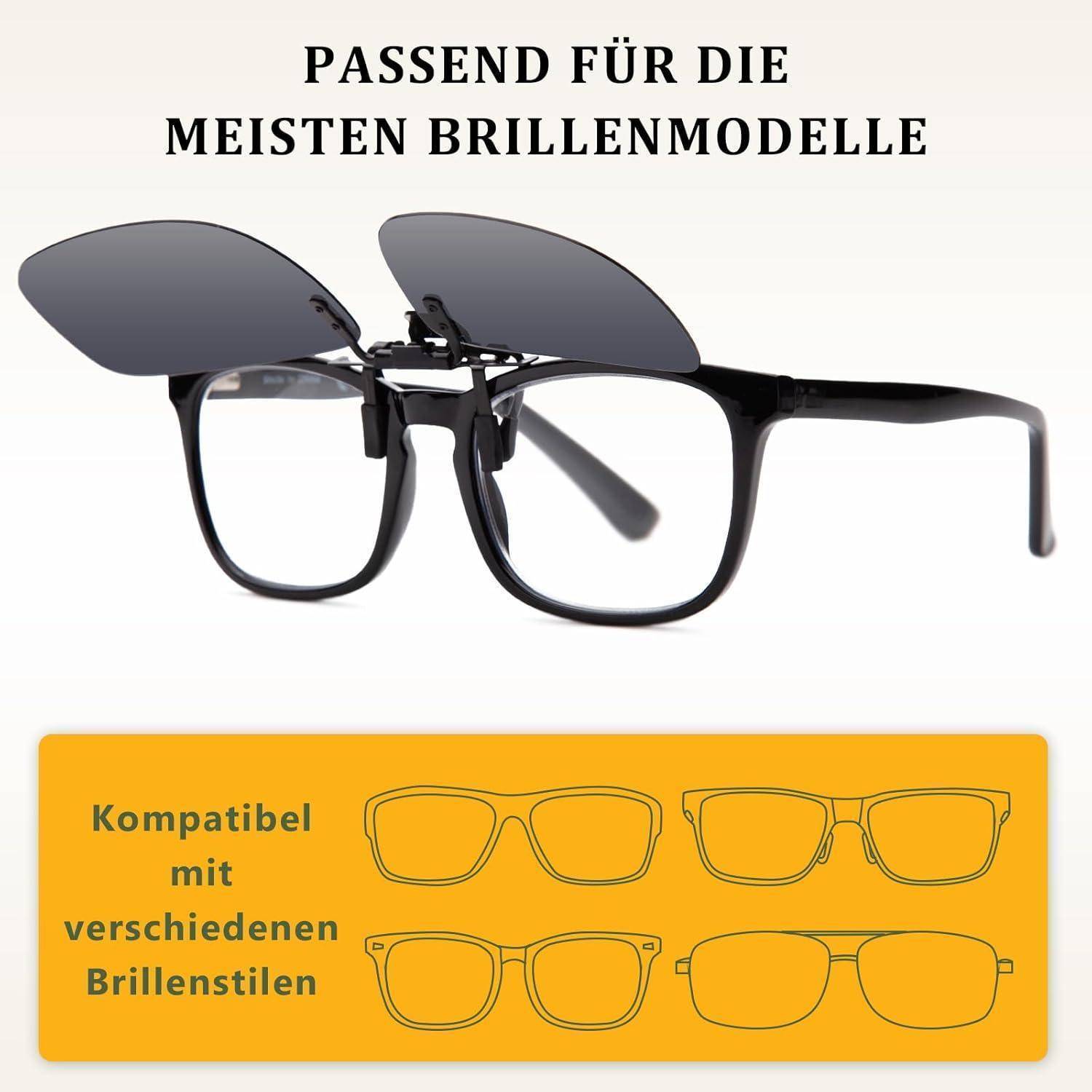 Clip-on Sonnenbrillen kompatibel mit den meisten Brillentypen. Text above reads 'Passend für die meisten Brillenmodelle'.