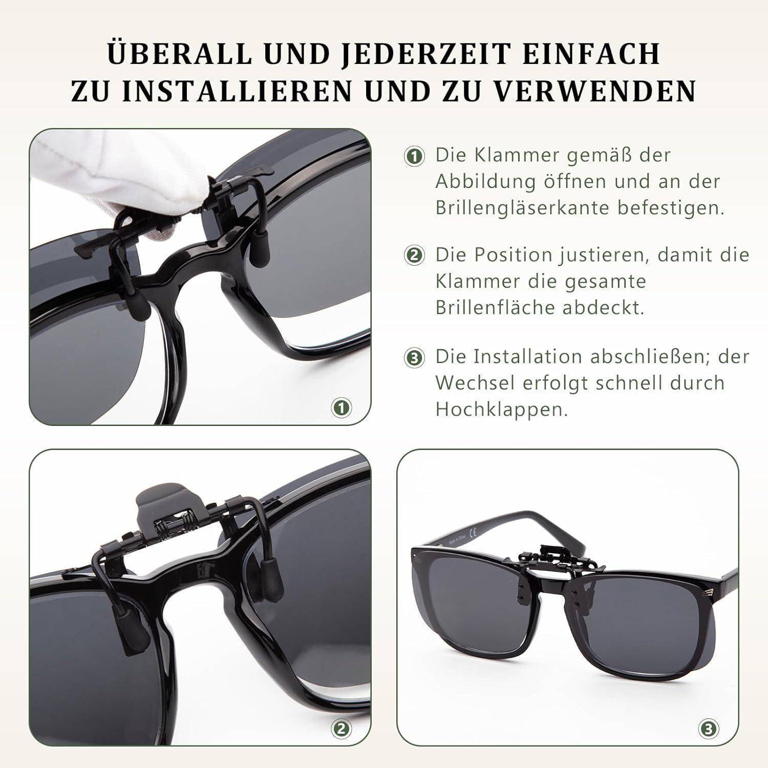 Wie abgebildet installieren und verwenden' zeigt Schritte, um Clip-On-Sonnenbrillen an einer Brille zu befestigen, mit Anleitungen.