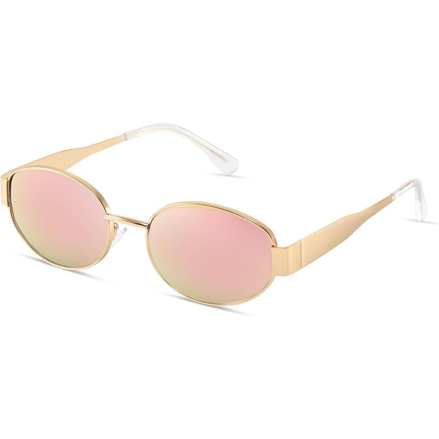 Eine Sonnenbrille mit rosafarbenen Gläsern, goldenen Rahmen und durchsichtigen Bügeln, aus einem seitlichen Blickwinkel betrachtet.