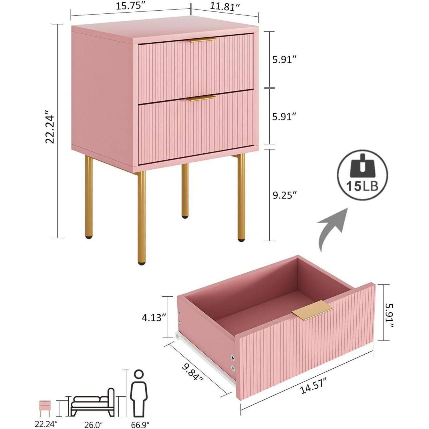 Rosa Nachttisch mit goldenen Beinen, zwei Schubladen und Maßen: 40 cm B x 30 cm T x 56,5 cm H. Jede Schublade kann bis zu 6,8 kg tragen.