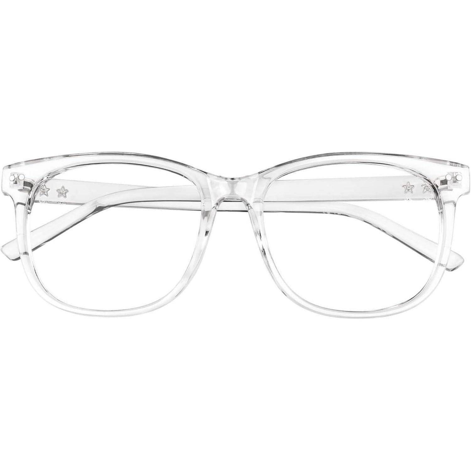 Transparent gerahmte Brille mit Sternendetails an den Bügeln, von vorne betrachtet.