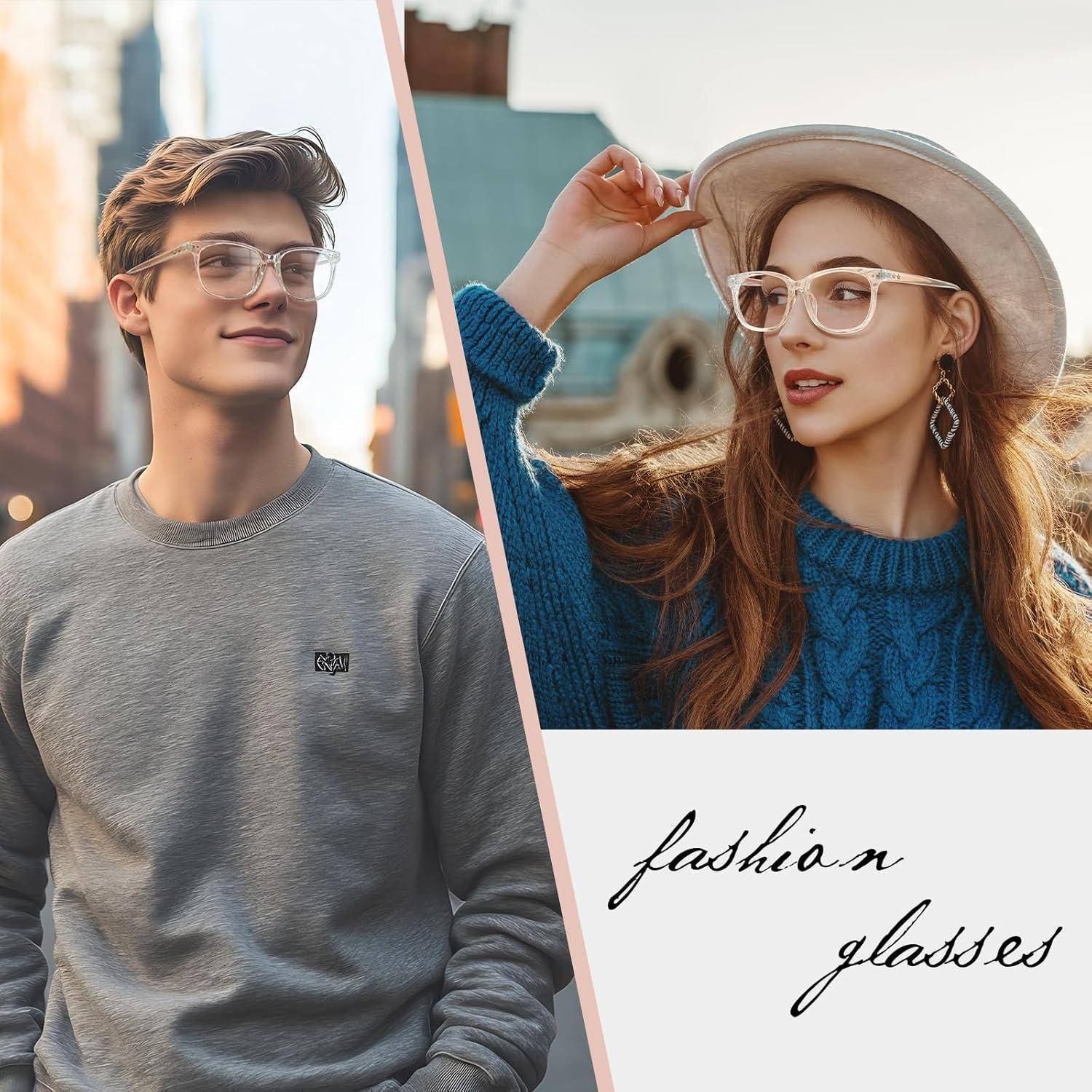 Ein Mann und eine Frau mit modischen Brillen posieren im Freien. Der Text 'fashion glasses' betont den Schwerpunkt auf Eyewear.