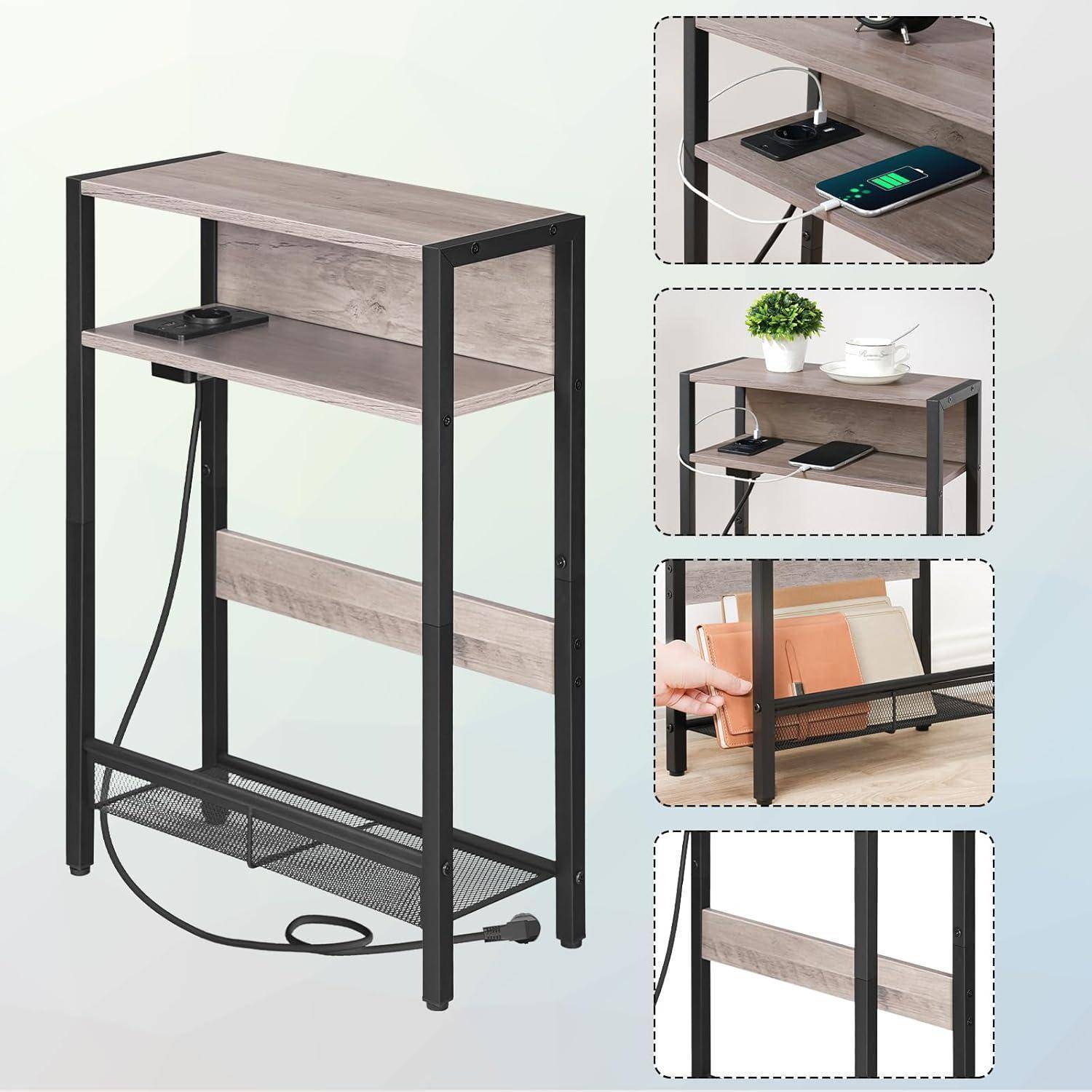 Schmaler Schreibtisch mit Holzplatte und schwarzem Metallrahmen, ausgestattet mit einem unteren Regal mit Ladeanschlüssen. Kleine Bilder zeigen verschiedene Perspektiven und Nutzungsmöglichkeiten.