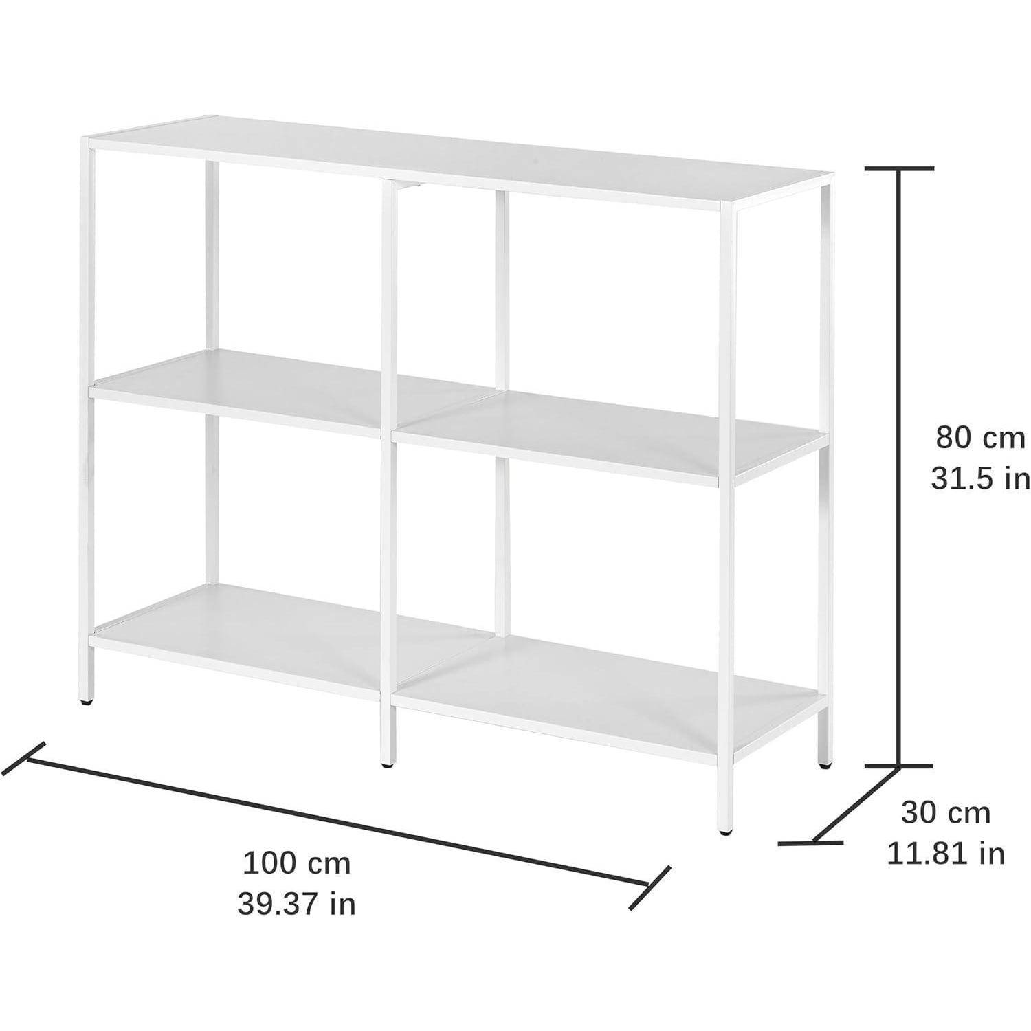 Ein dreistöckiges weißes Metallregal mit beschrifteten Abmessungen: 100 cm/39,37 in breit, 30 cm/11,81 in tief und 80 cm/31,5 in hoch.