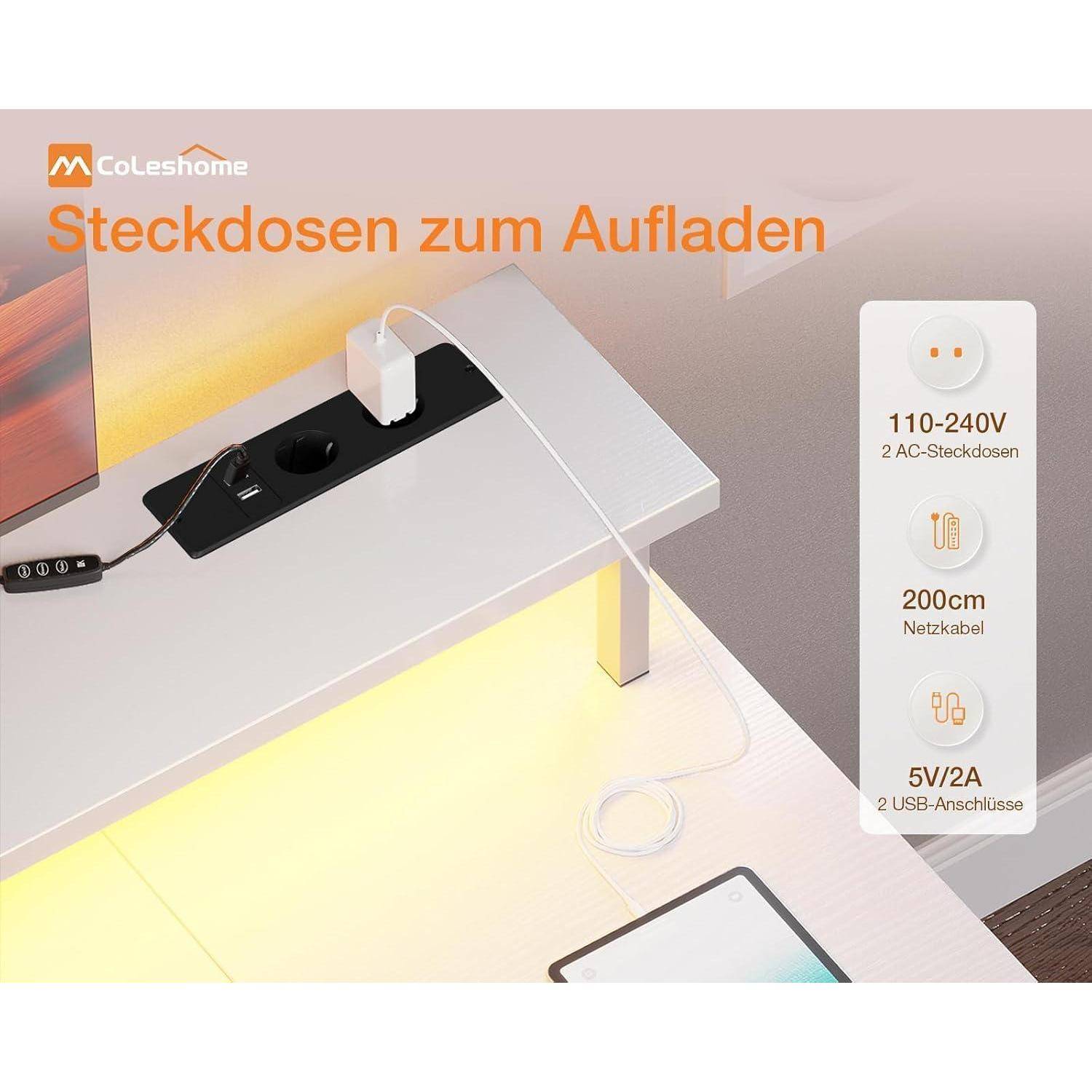 CoLesHome Steckdosenleiste zum Aufladen' verfügt über zwei Wechselstrom-Steckdosen, zwei USB-Anschlüsse und ein 200 cm langes Netzkabel auf einem modernen Schreibtisch.