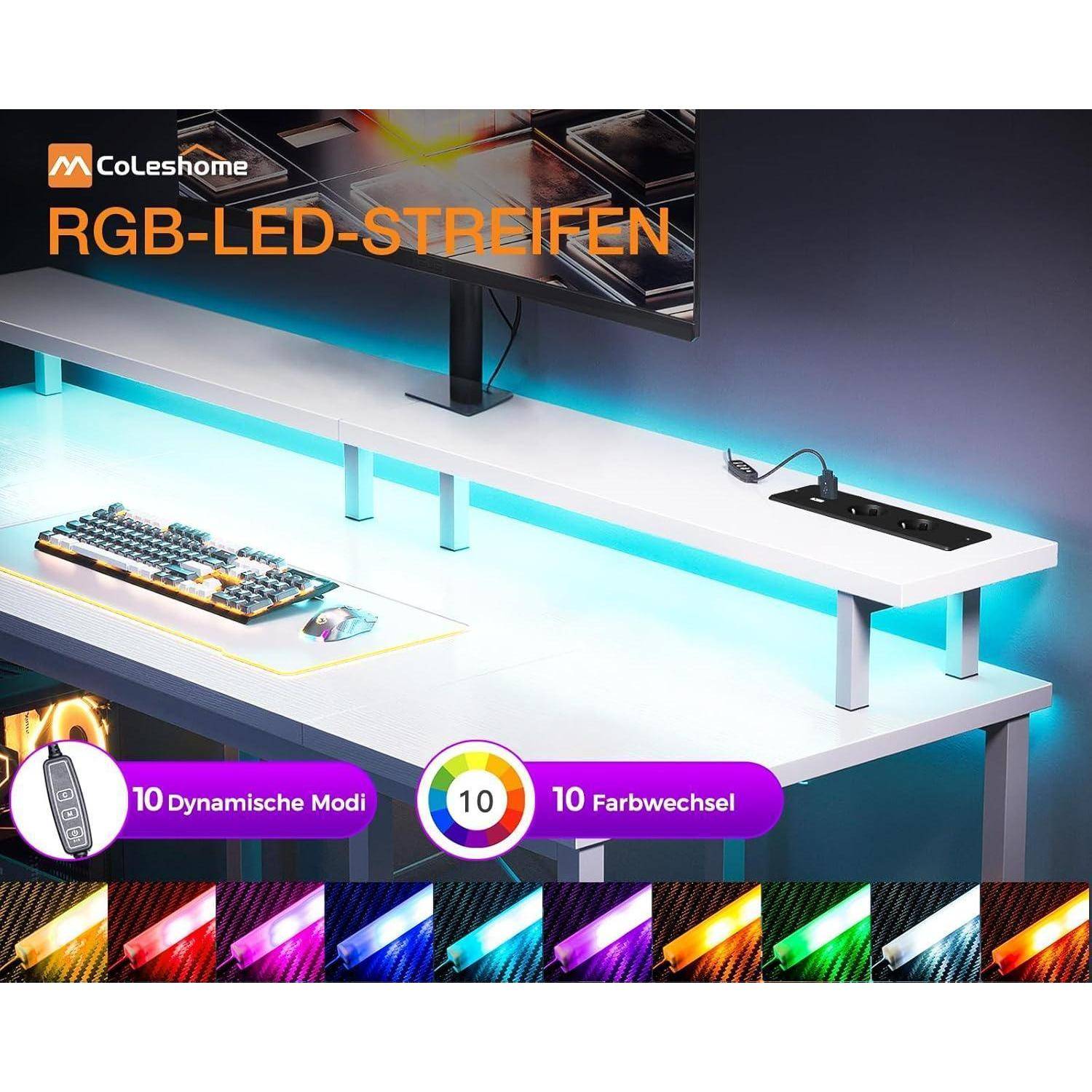 Schreibtisch mit RGB-LED-Streifen, die eine Tastatur und eine Maus beleuchten. Funktionen umfassen '10 dynamische Modi' und '10 Farbwechsel' mit gezeigten Farboptionen.
