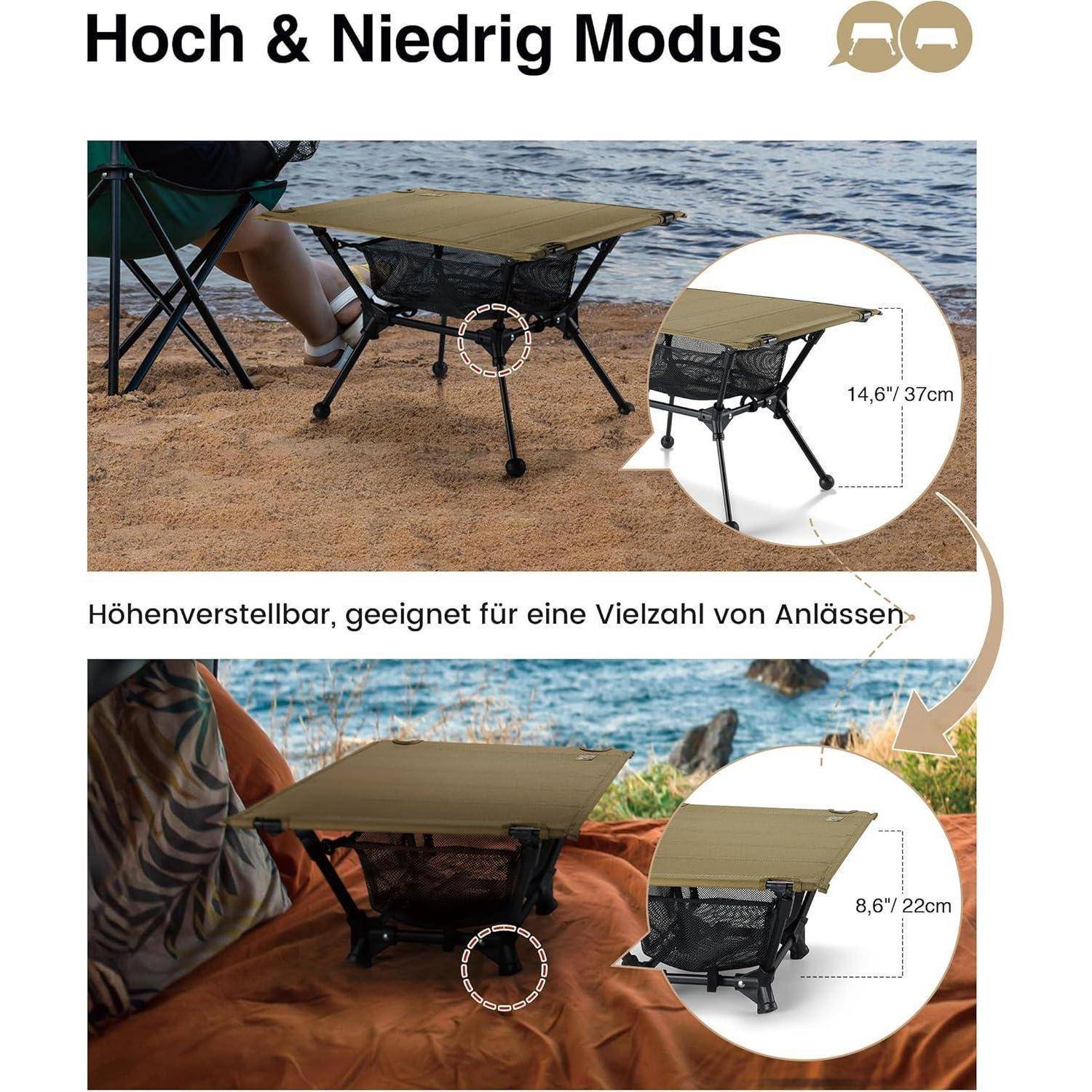 Höhenverstellbarer Outdoor-Tisch in einer Strandumgebung, dargestellt im hohen Modus (14,6