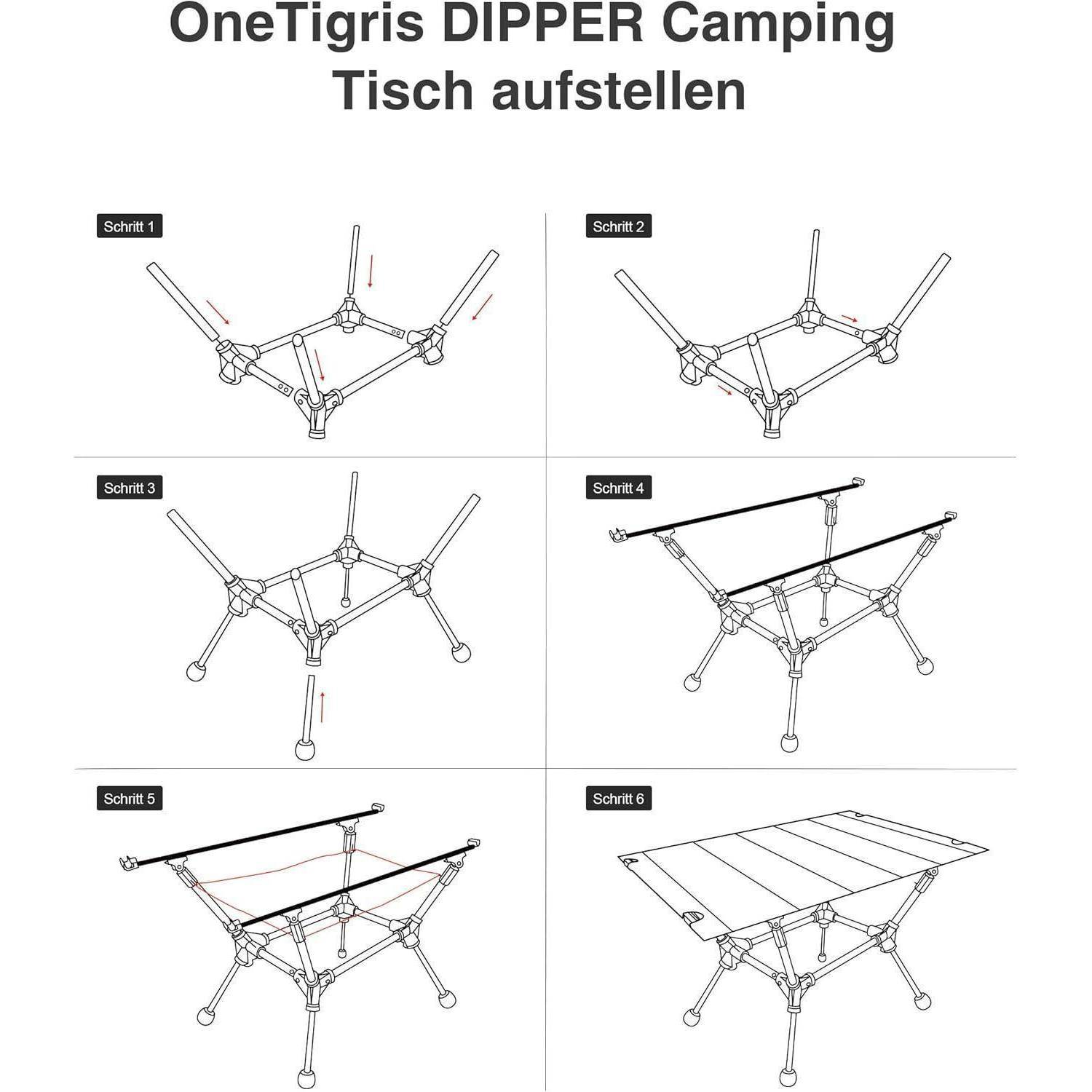 Anleitung zum Zusammenbau des OneTigris DIPPER Campingtisches: 1. Beine einsetzen; 2. Ecken anbringen; 3. Rahmen befestigen; 4-6. Tischplatte hinzufügen und ausrichten.